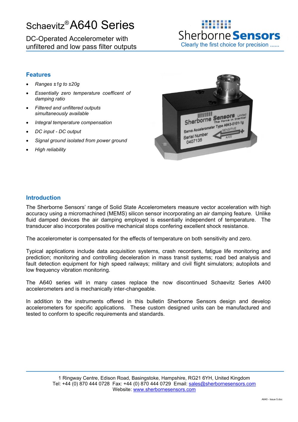 Sherborne Sensors A640 Series Single Axis Precision Accelerometers - Sherborne Sensors Limited
