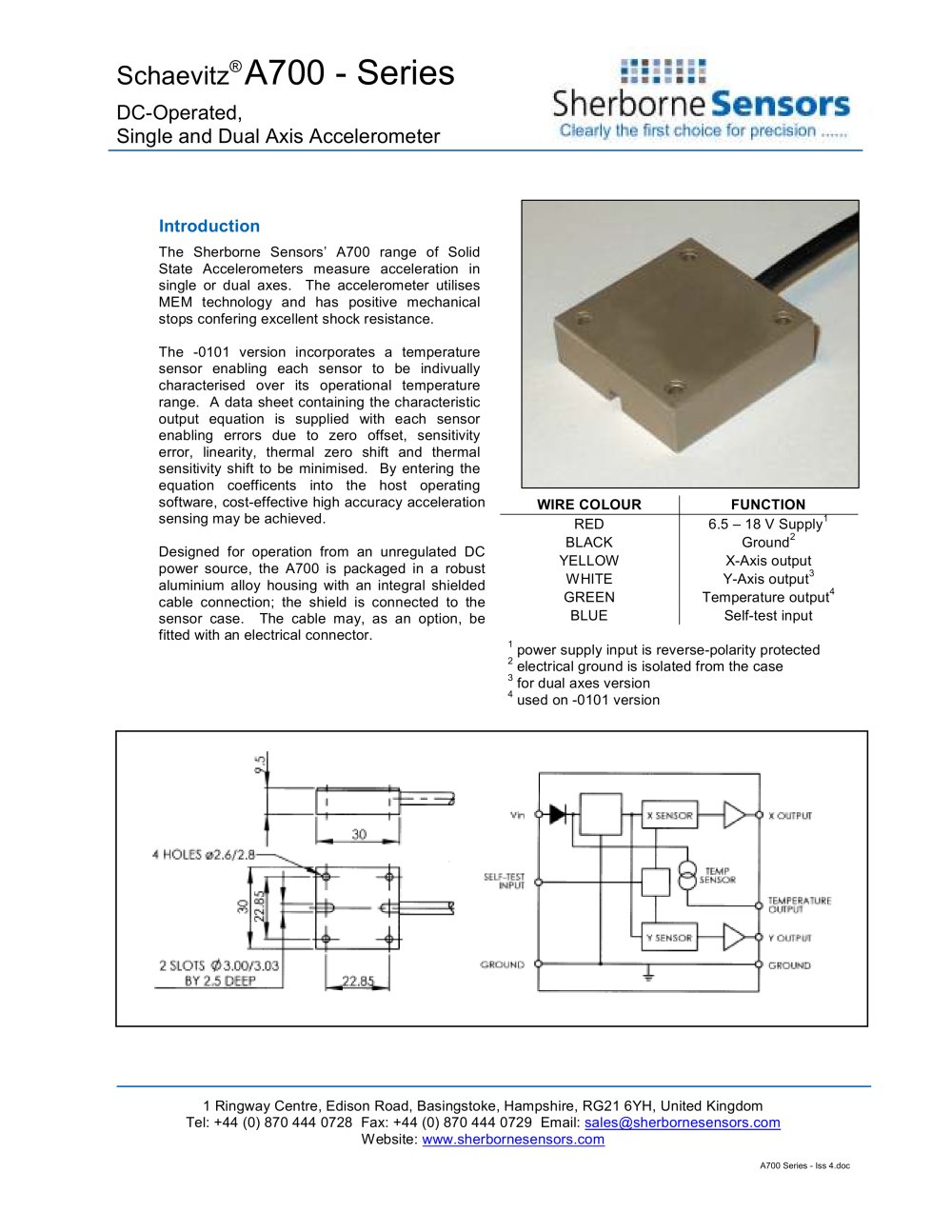 Sherborne Sensors A700 Series DC-Operated Single and Dual Axis Accelerometer - Sherborne Sensors Limited
