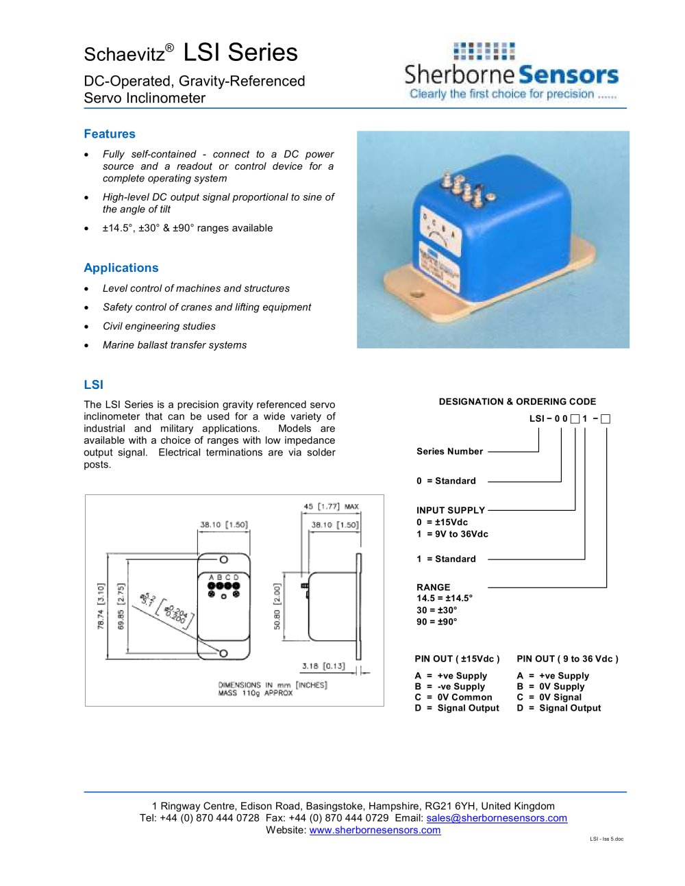 Sherborne Sensors LSI Series Servo Inclinometers - Sherborne Sensors Limited