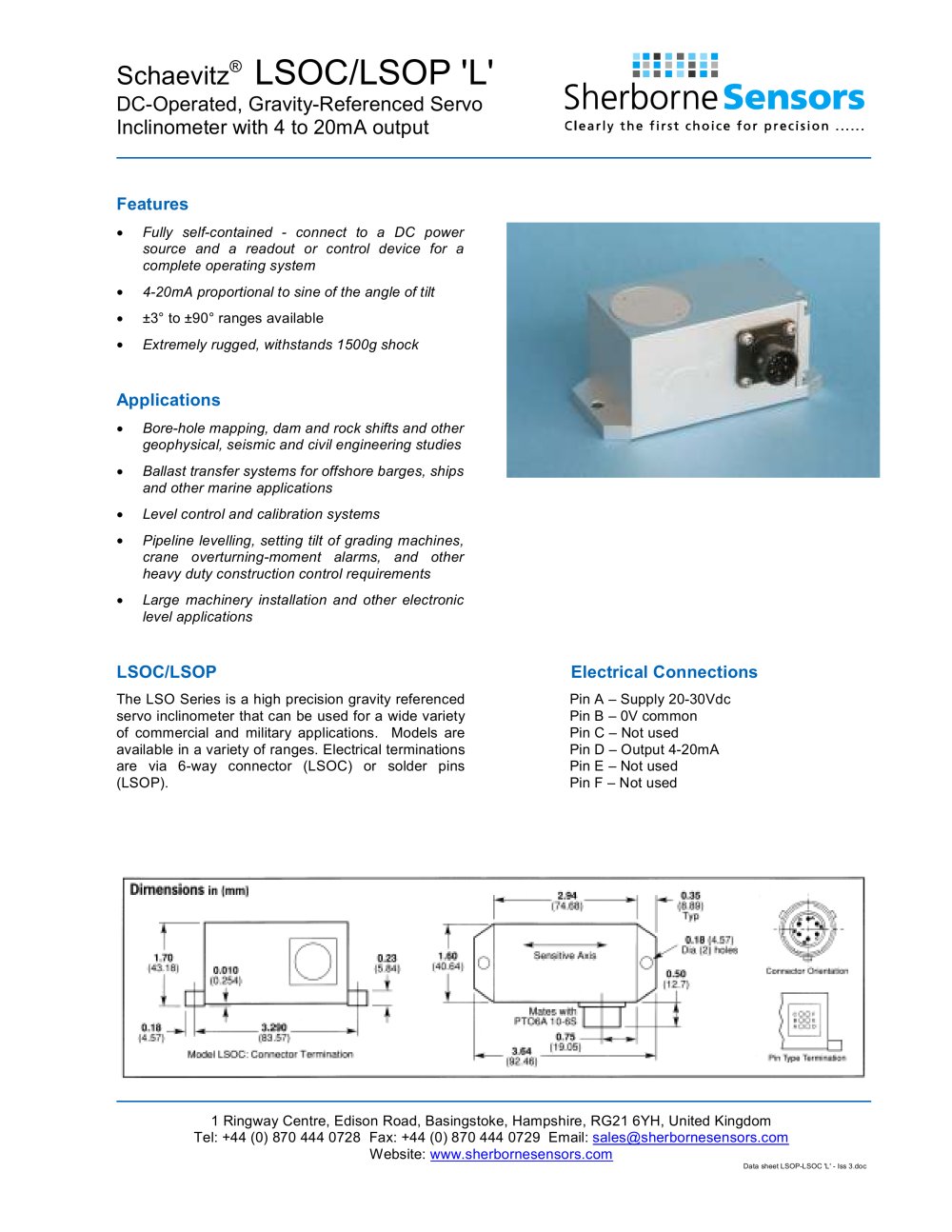 Sherborne Sensors LSOC/LSOP 'L' Series DC-Operated, Gravity-Referenced Servo Servo Inclinometer with 4-20mA Output - Sherborne Sensors Limited