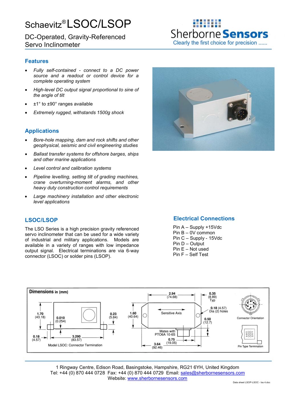 Sherborne Sensors LSOC/LSOP Series Servo Inclinometers - Sherborne Sensors Limited