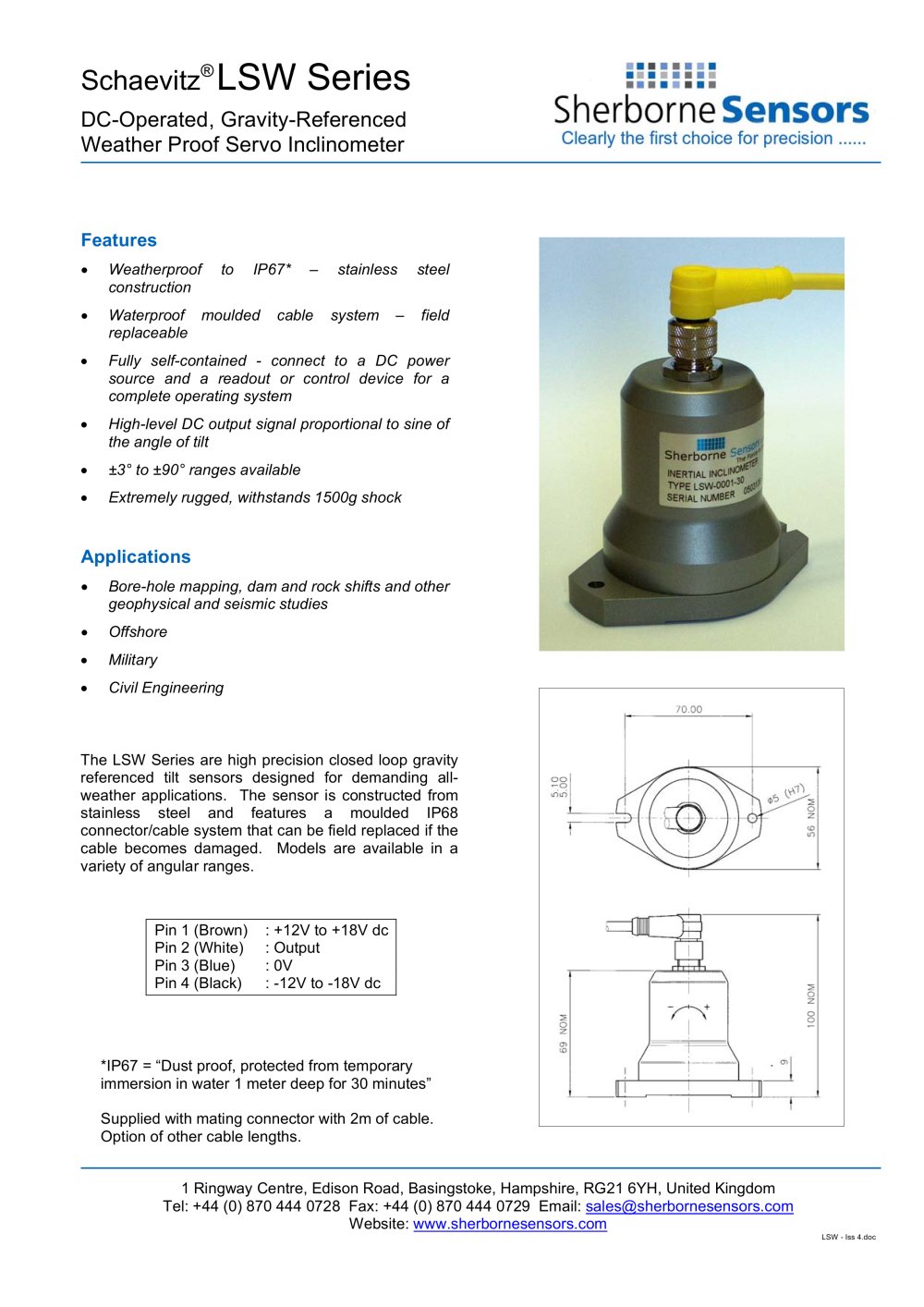 Sherborne Sensors LSW Series Weatherproof Servo Inclinometers - Sherborne Sensors Limited