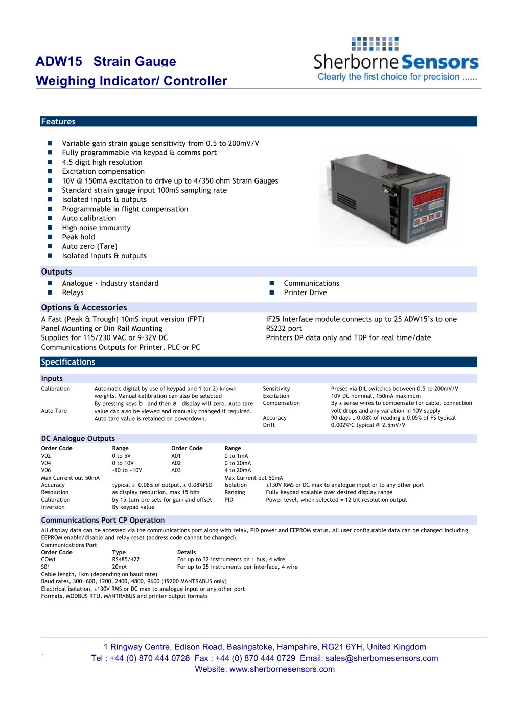 Sherborne Sensors Model ADW15 Strain Gauge Weighing Indicator/Controller - Sherborne Sensors Limited