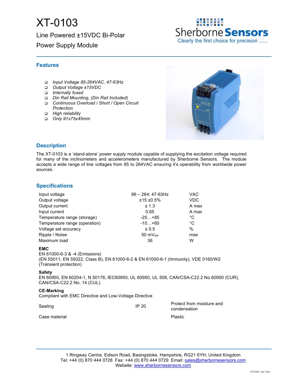 Sherborne Sensors Model XT-0103 Power Supply - Sherborne Sensors Limited