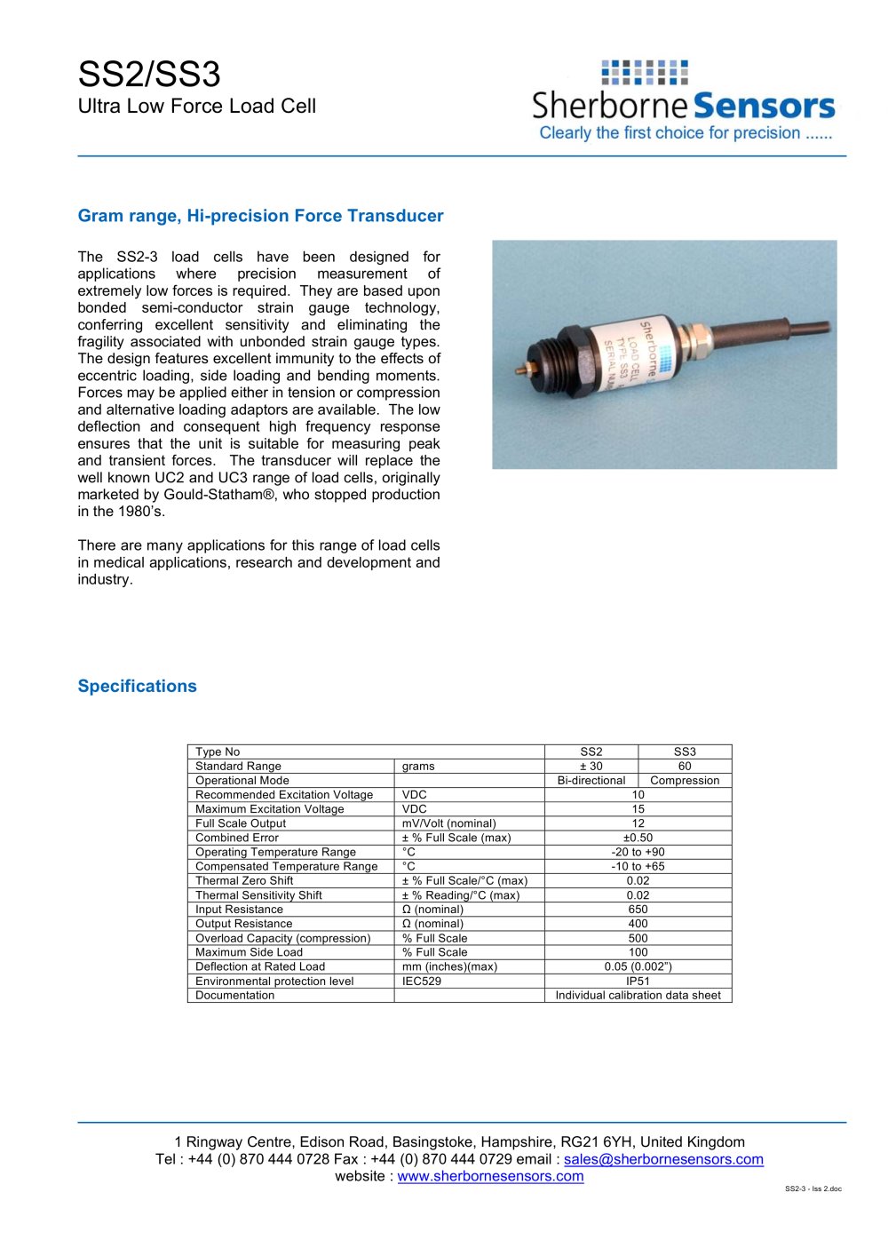 Sherborne Sensors SS2/SS3 Series Ultra Low Range Load Cells - Sherborne Sensors Limited