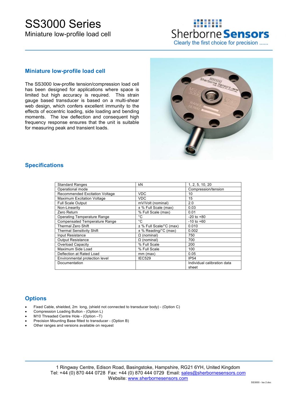 Sherborne Sensors SS3000 Series Miniature Low-profile Load Cell - Sherborne Sensors Limited