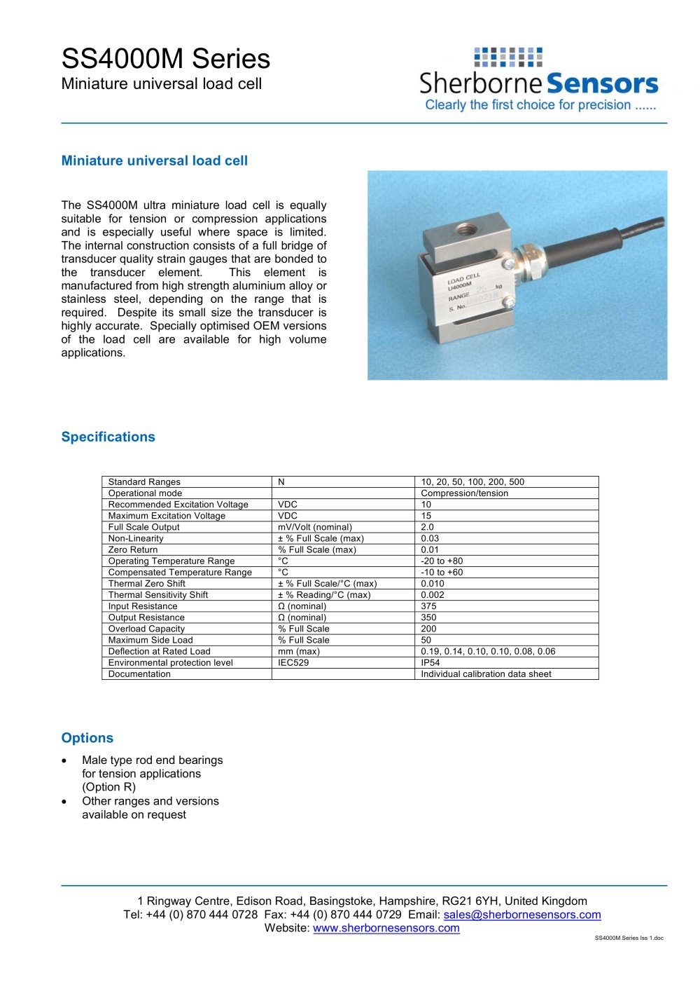 Sherborne Sensors SS4000M Series Ultra Mini Load Cells - Sherborne Sensors Limited