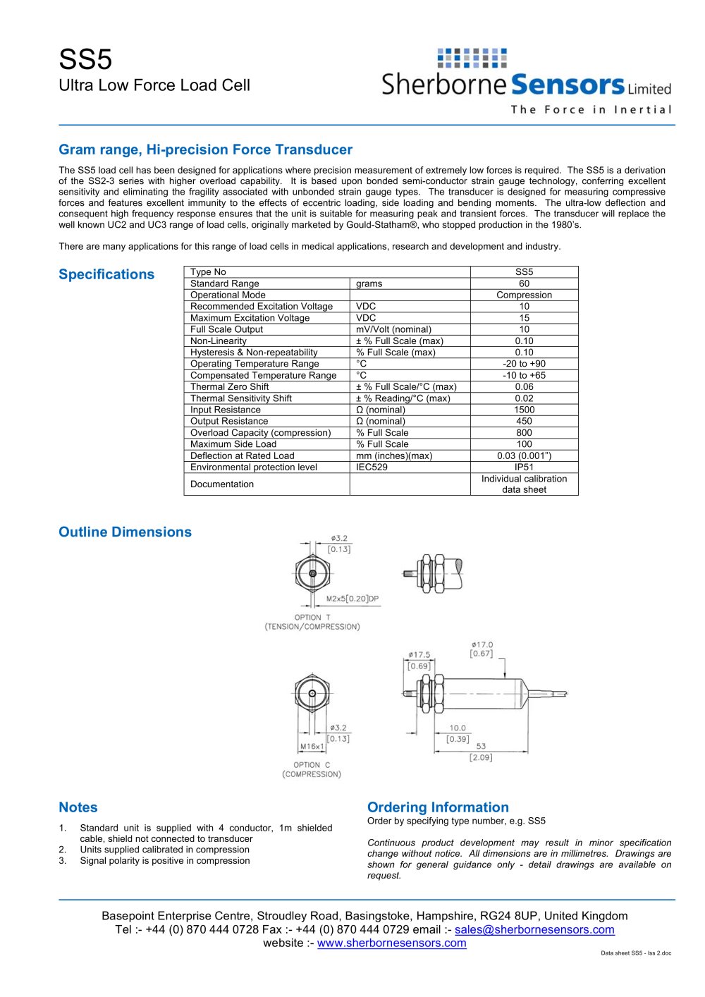 Sherborne Sensors SS5 Series Precision Load Cells - Sherborne Sensors Limited