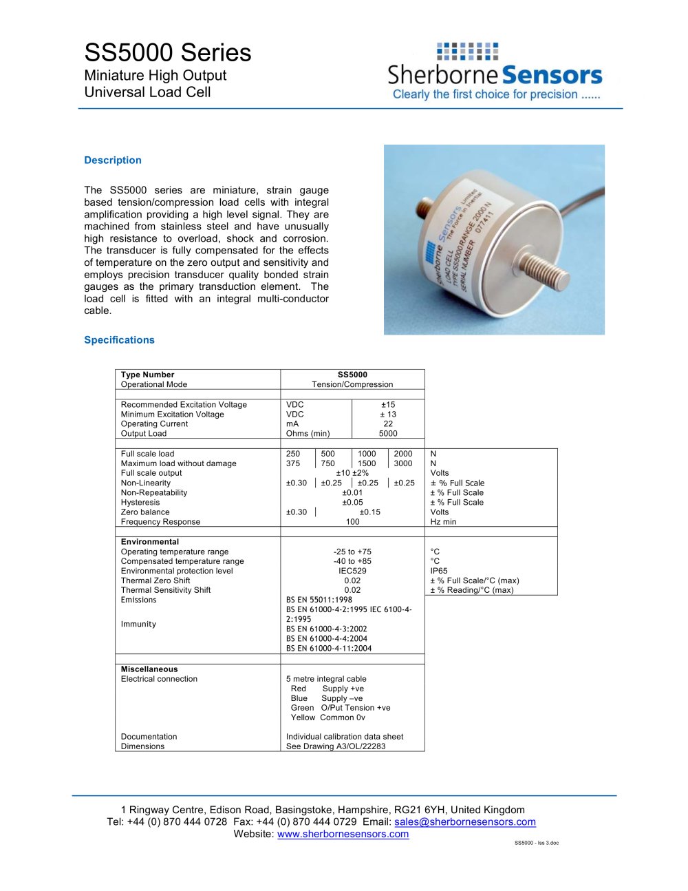 Sherborne Sensors SS5000 Series Minature High Output Load Cells - Sherborne Sensors Limited