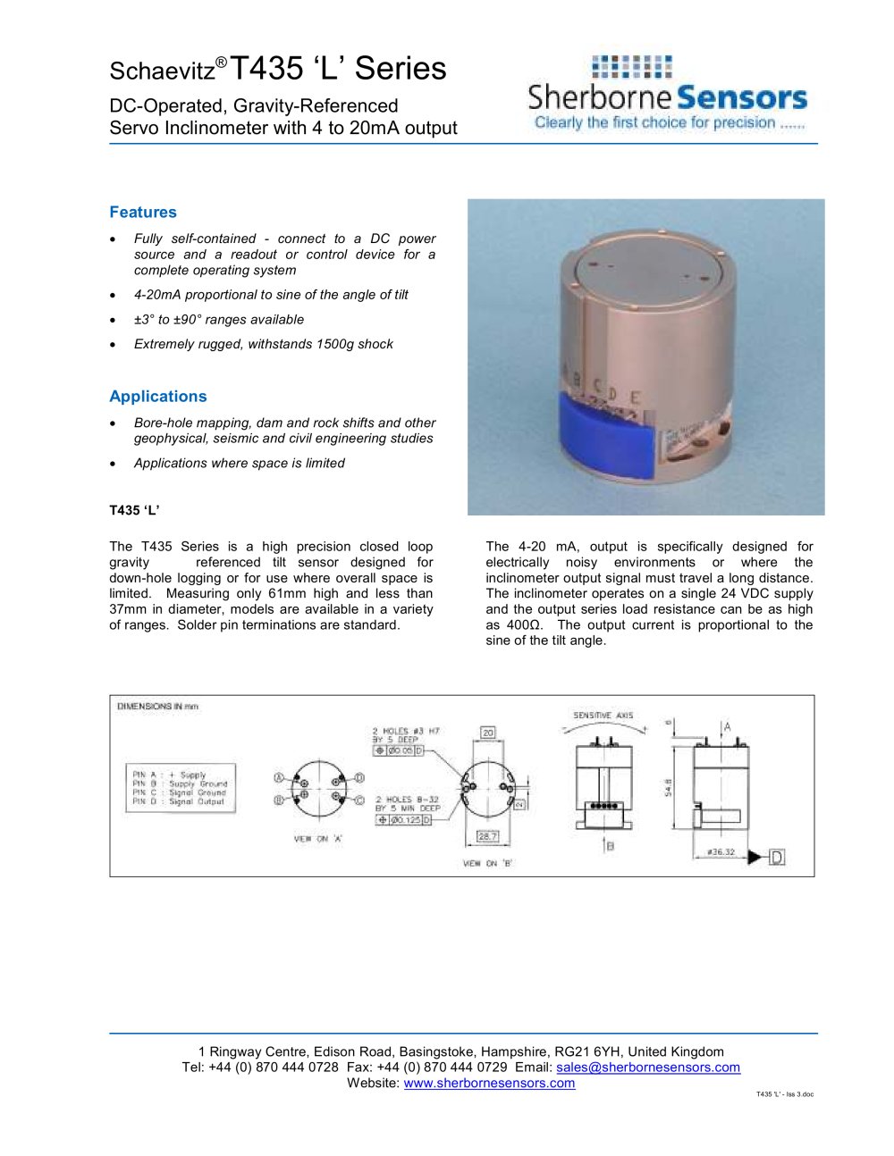 Sherborne Sensors T435 'L' Series Gravity Referenced Servo Inclinometer with 4-20mA Output - Sherborne Sensors Limited