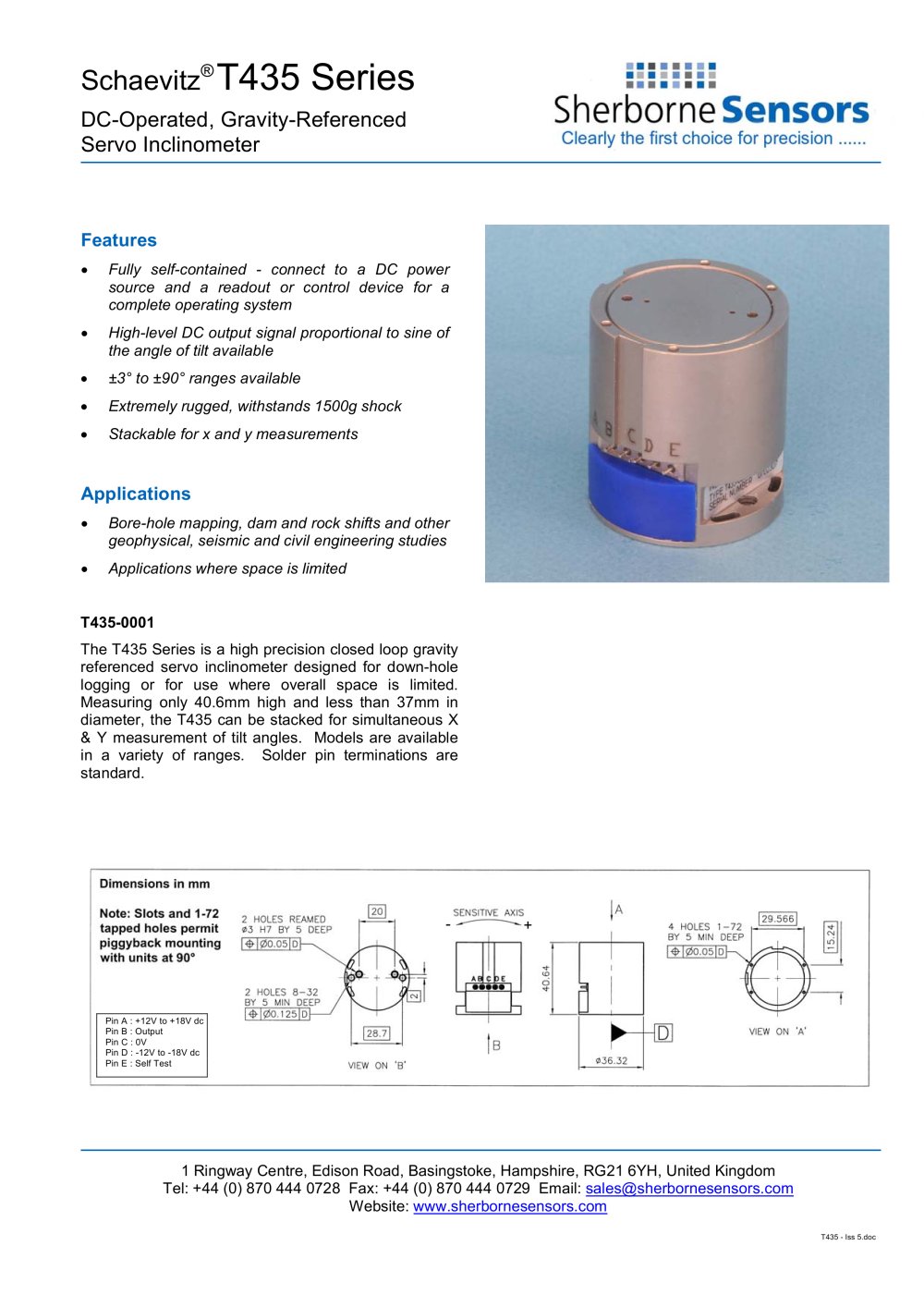 Sherborne Sensors T435 Series Servo Inclinometers - Sherborne Sensors Limited