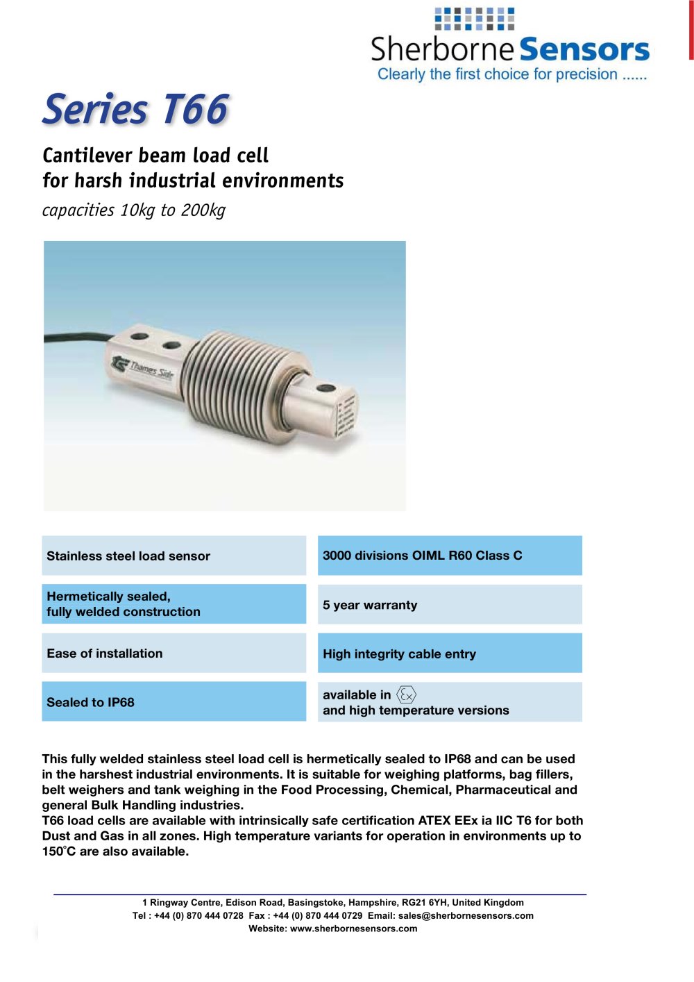 Sherborne Sensors T66 Series Cantilever Beam Load Cells - Sherborne Sensors Limited
