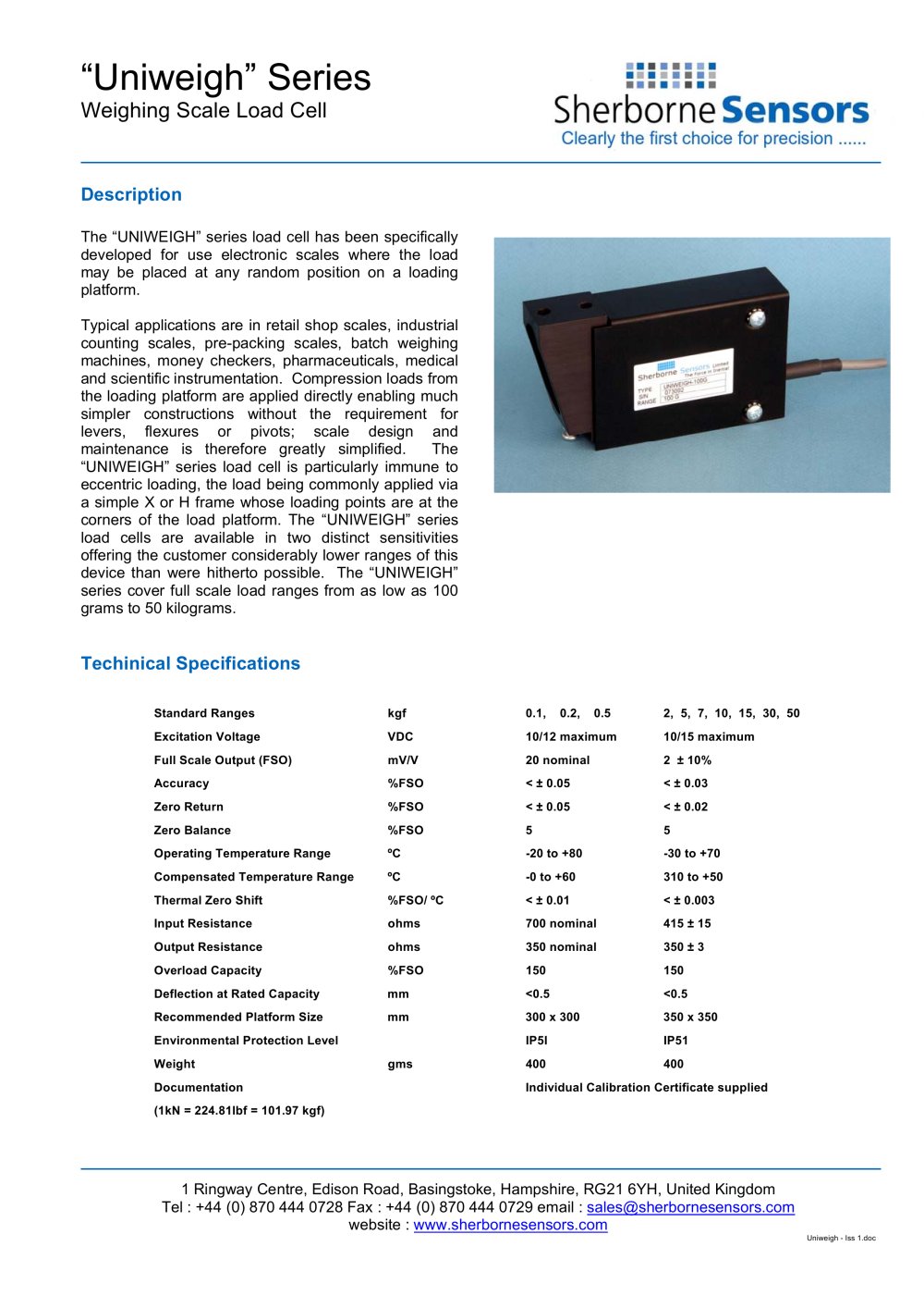Sherborne Sensors UNIWEIGH Weighing Scale Load Cell - Sherborne Sensors Limited