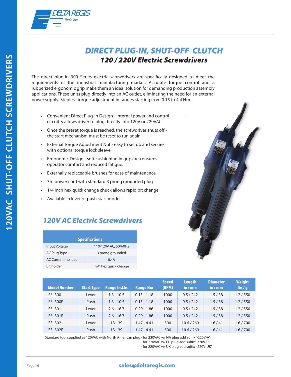 Direct Plug-In - 120 VAC / 220 VAC - Shut-Off Clutch Screwdrivers - Delta Regis Tools