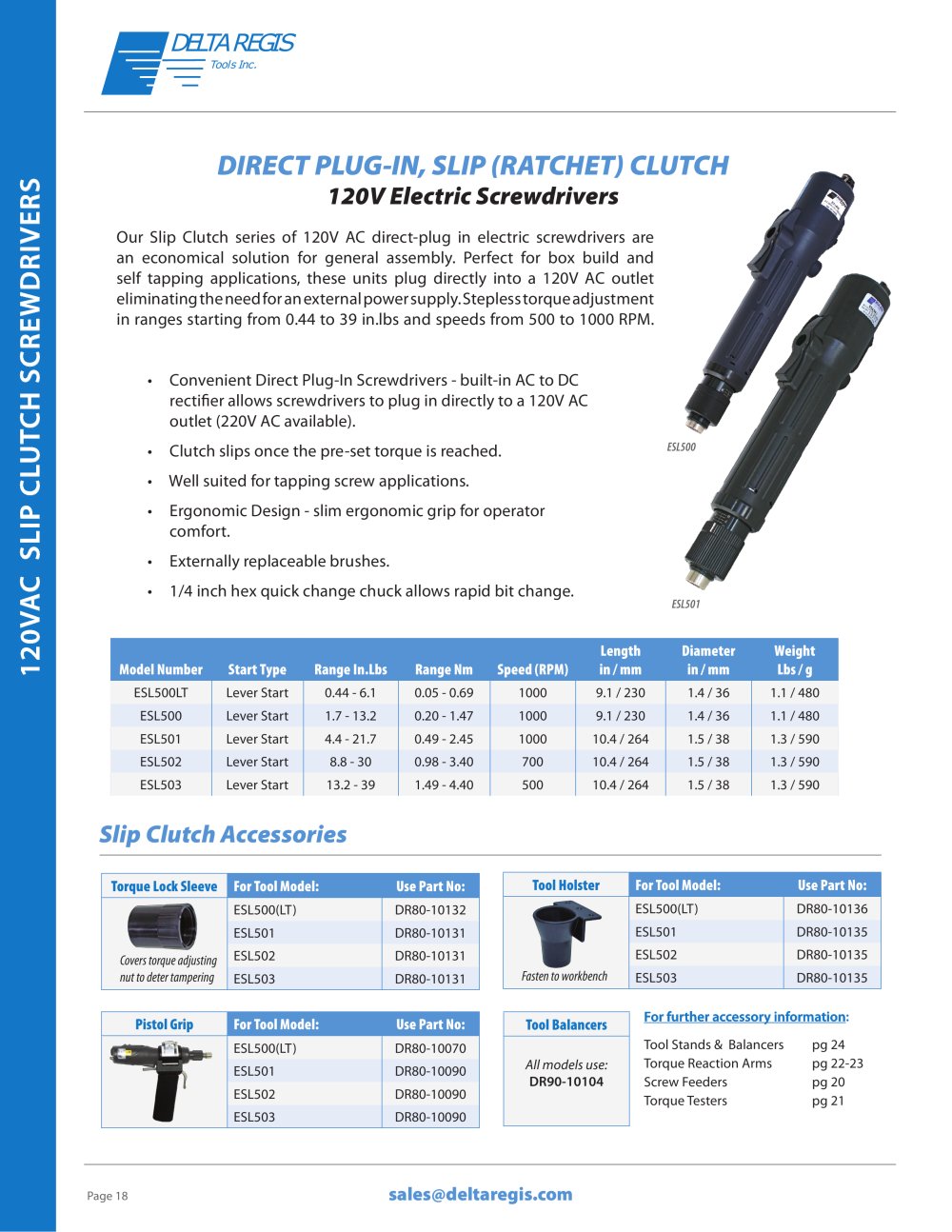Direct Plug-In 120 VAC Slip (Ratchet) Clutch Electric Screwdrivers - Delta Regis Tools