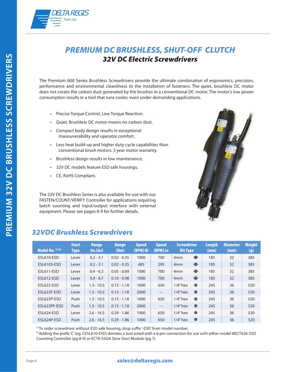 Premium Brushless Electric Screwdrivers - 32VDC - Torque Range 0.02 NM - 1.86 NM - Delta Regis Tools