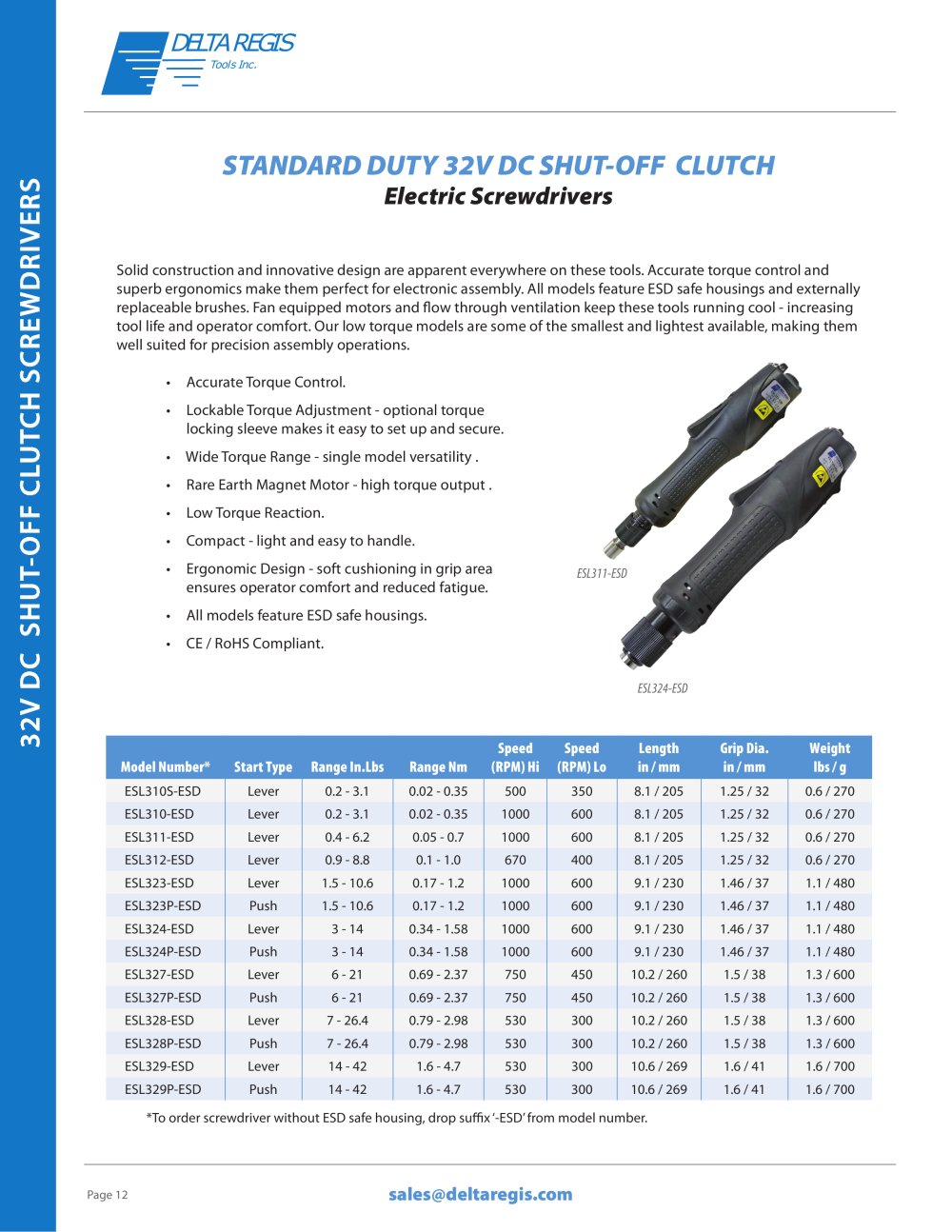 Standard Duty - 32 VDC Electric Screwdrivers - Torque Range 0.02 NM - 4.70 NM - Delta Regis Tools