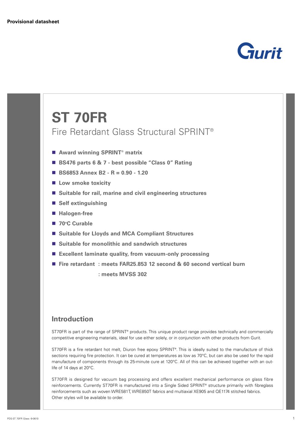ST 70FR - Fire Retardant Glass Structural SPRINT (v9) - Gurit