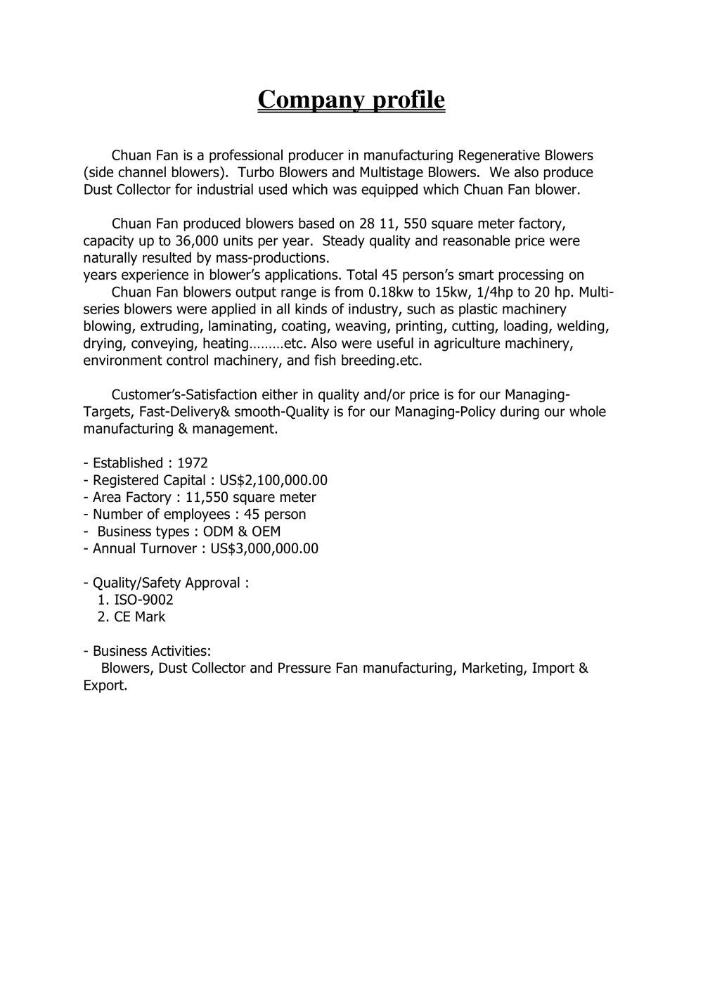 Company profile - ChuanFan Electric Co., Ltd.