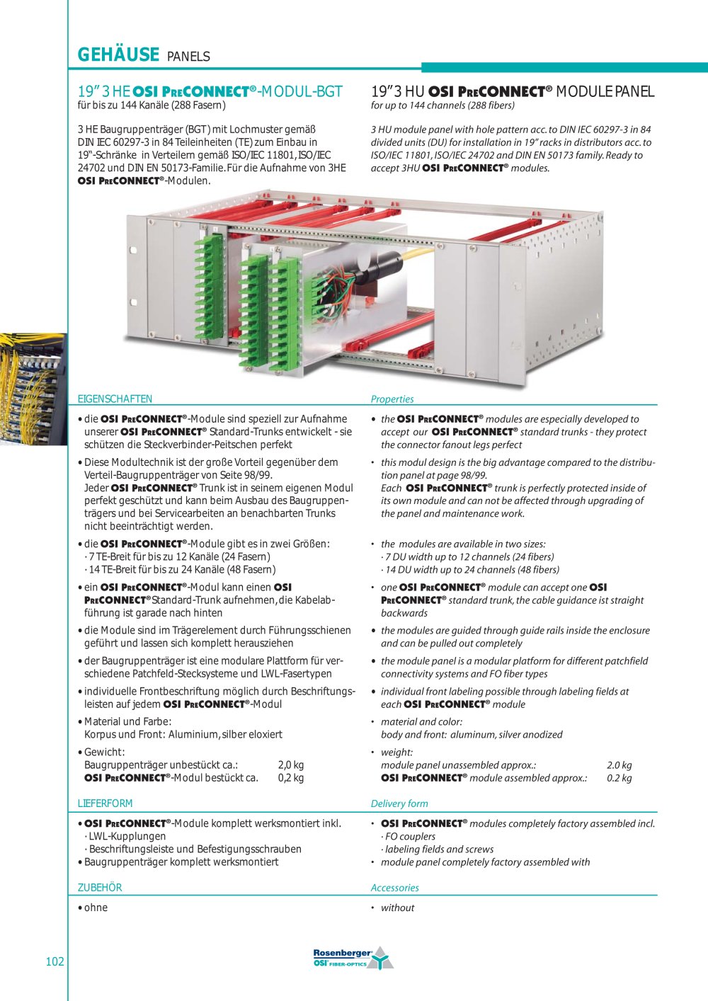19"3HUOSIPreCONNECT MODULE PANEL for up to 144 channels (288 fibers) - OSI Fiber-Optics