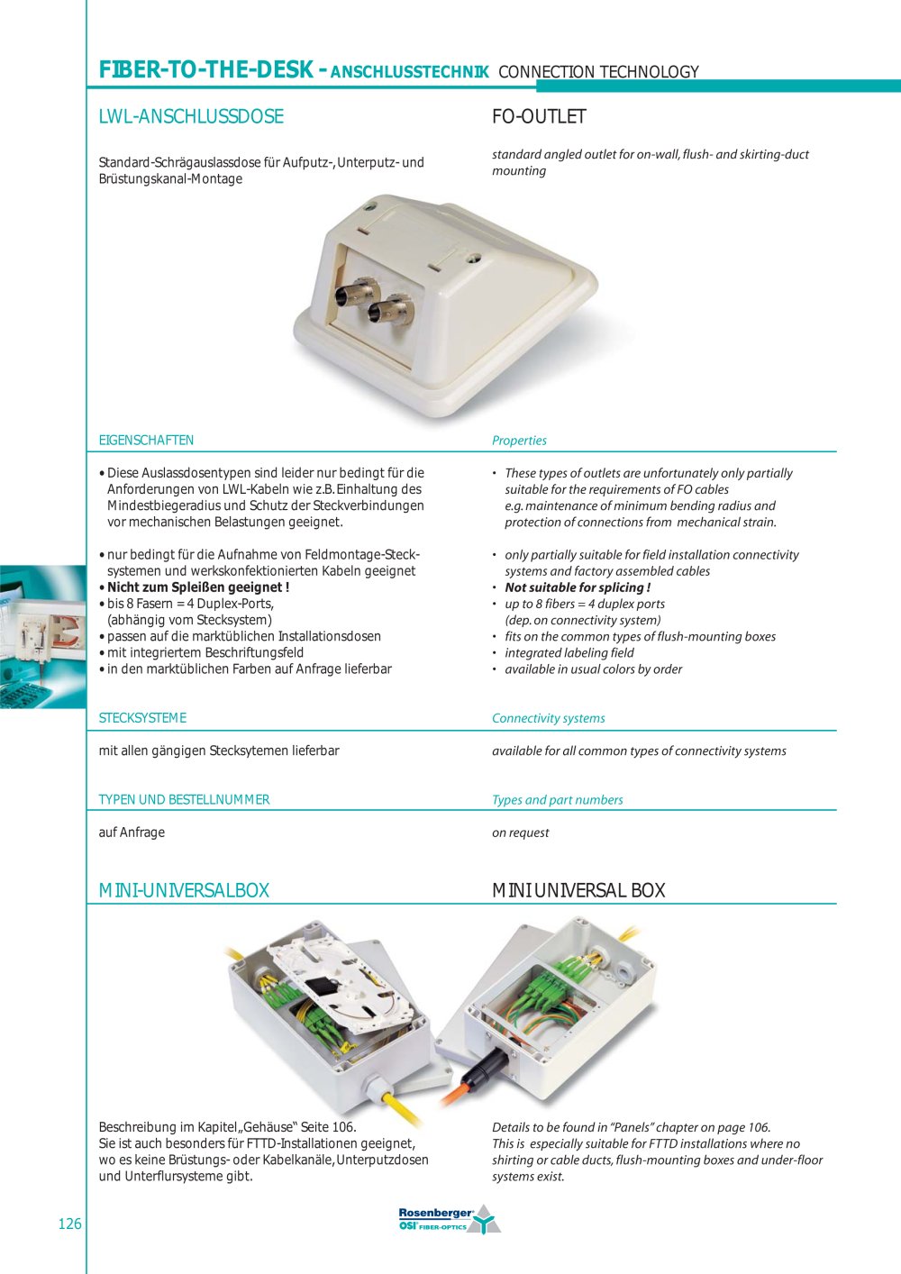 FO-OUTLET standard angled outlet for on-wall, flush and skirting-duct mounting - OSI Fiber-Optics