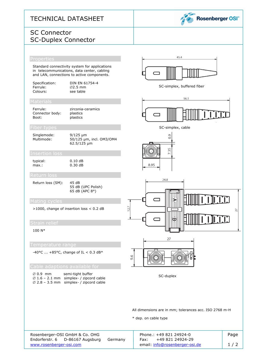 SC (PC o&deg;	- APC 8&deg;and 9&deg;) - OSI Fiber-Optics