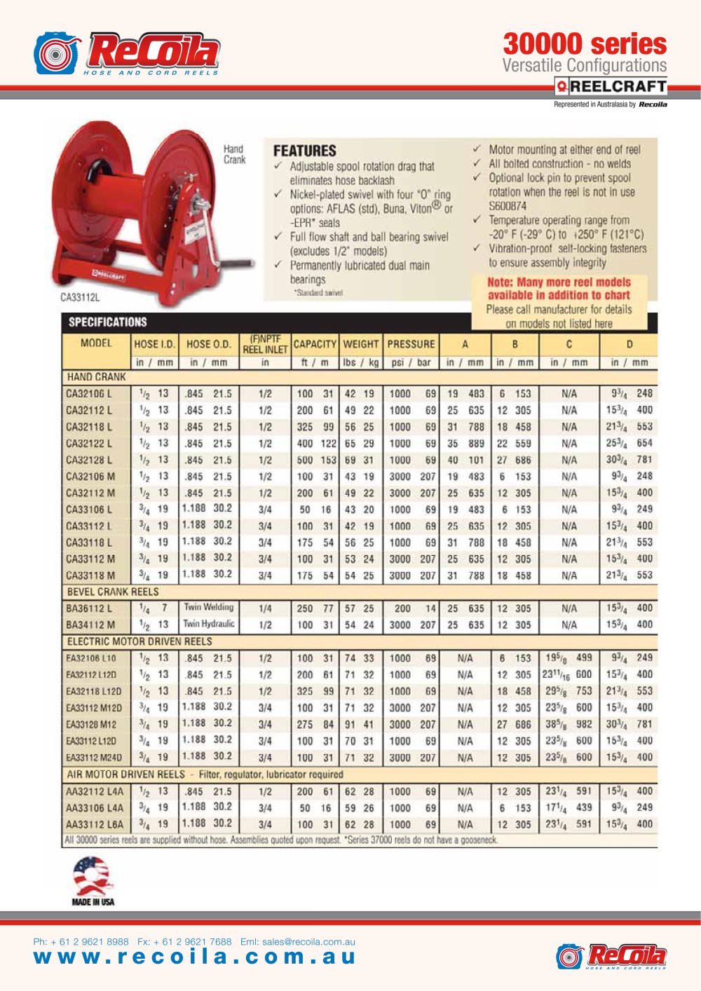 30000 series hand crank hose reels - Recoila
