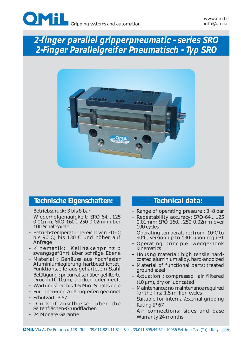 2-fingers parallel grippers, pneumatic SRO - OMIL