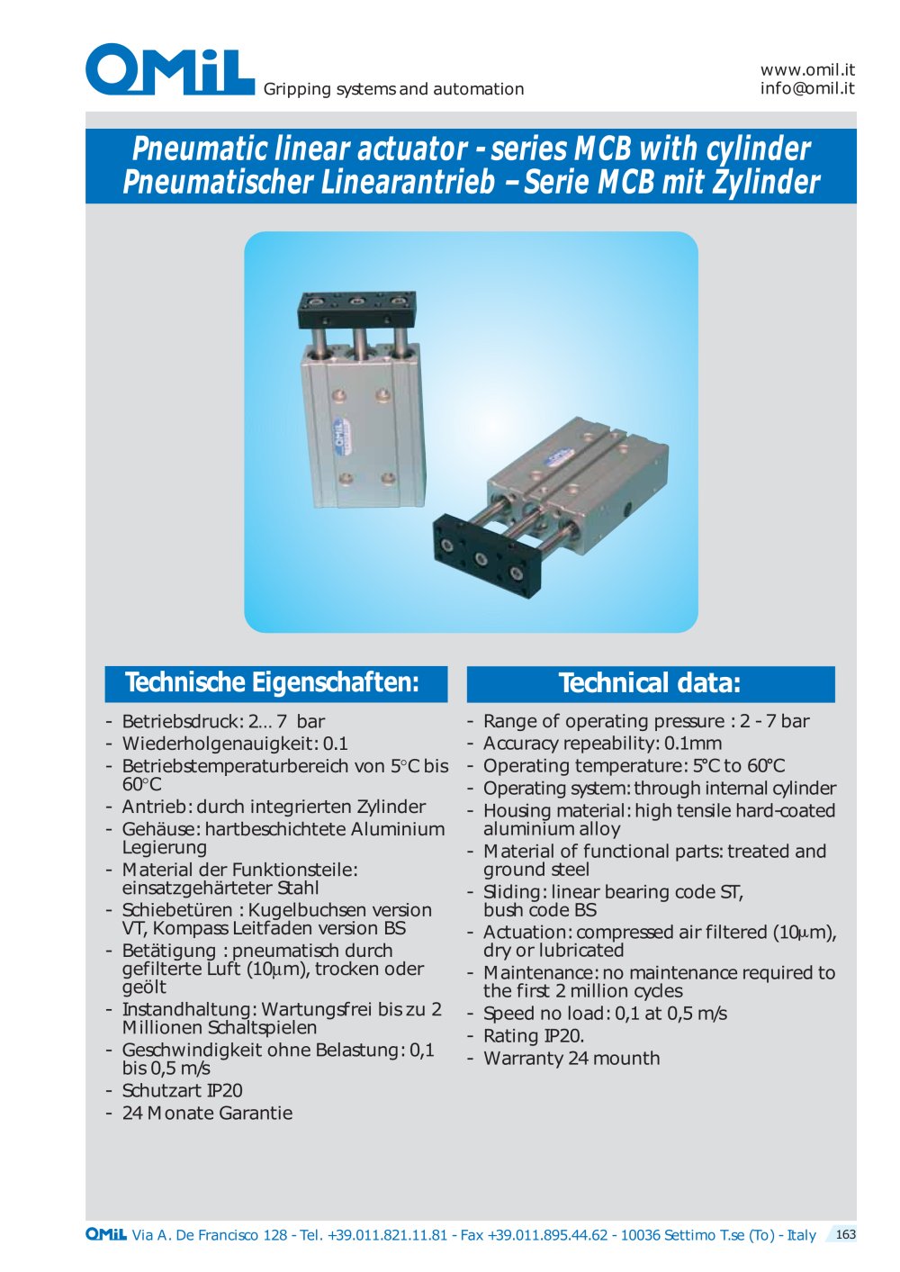 Pneumatic linear actuator MCB - OMIL