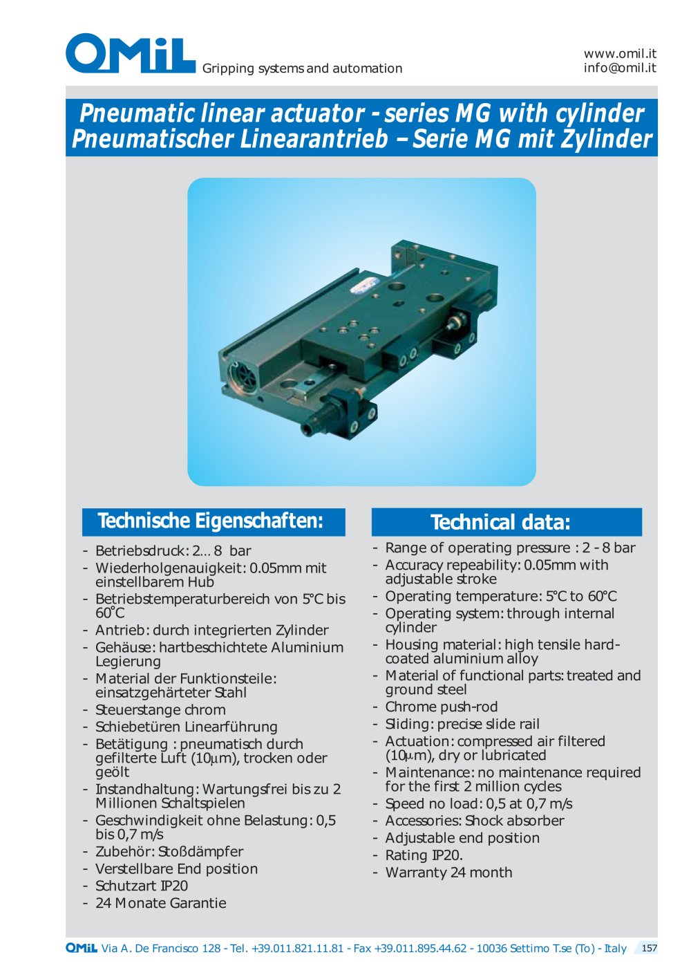Pneumatic linear actuator MG - OMIL