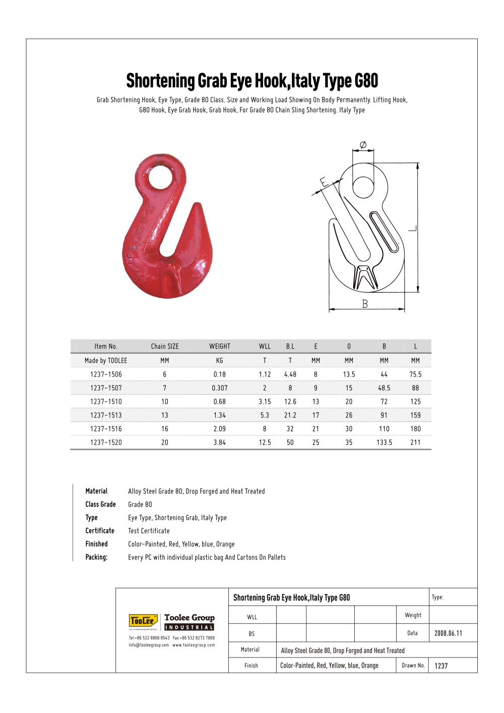 G80 Chain Shortening Grab Hook European Eye Type - TOOLEE GROUP INDUSTRIAL