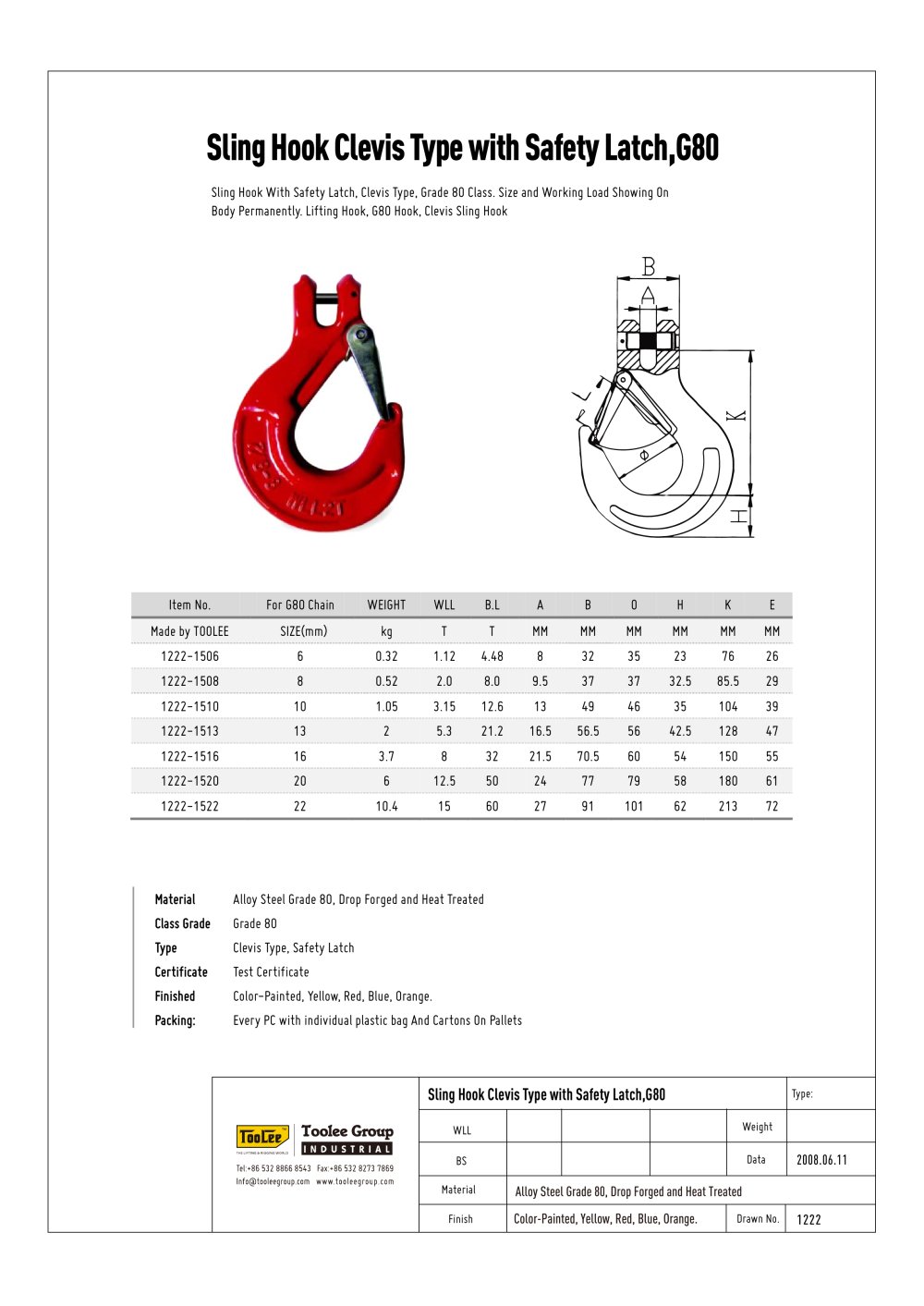 Lifting Sling Hook Clevis Type - TOOLEE GROUP INDUSTRIAL