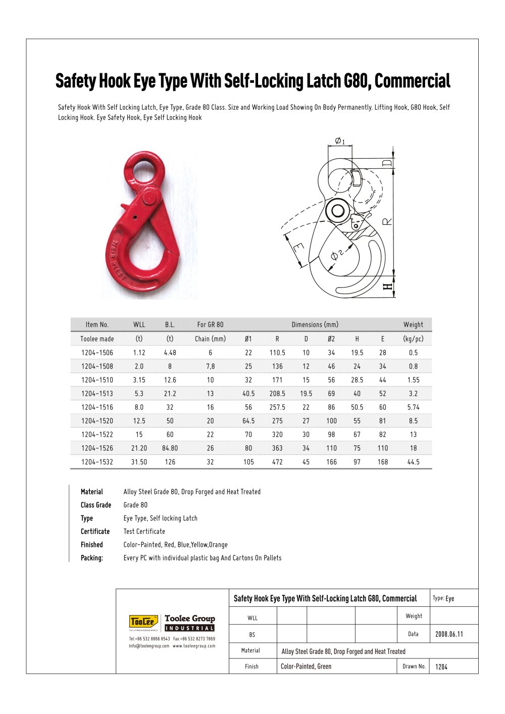 Safety Hook with Self Locking Latch Eye type - TOOLEE GROUP INDUSTRIAL