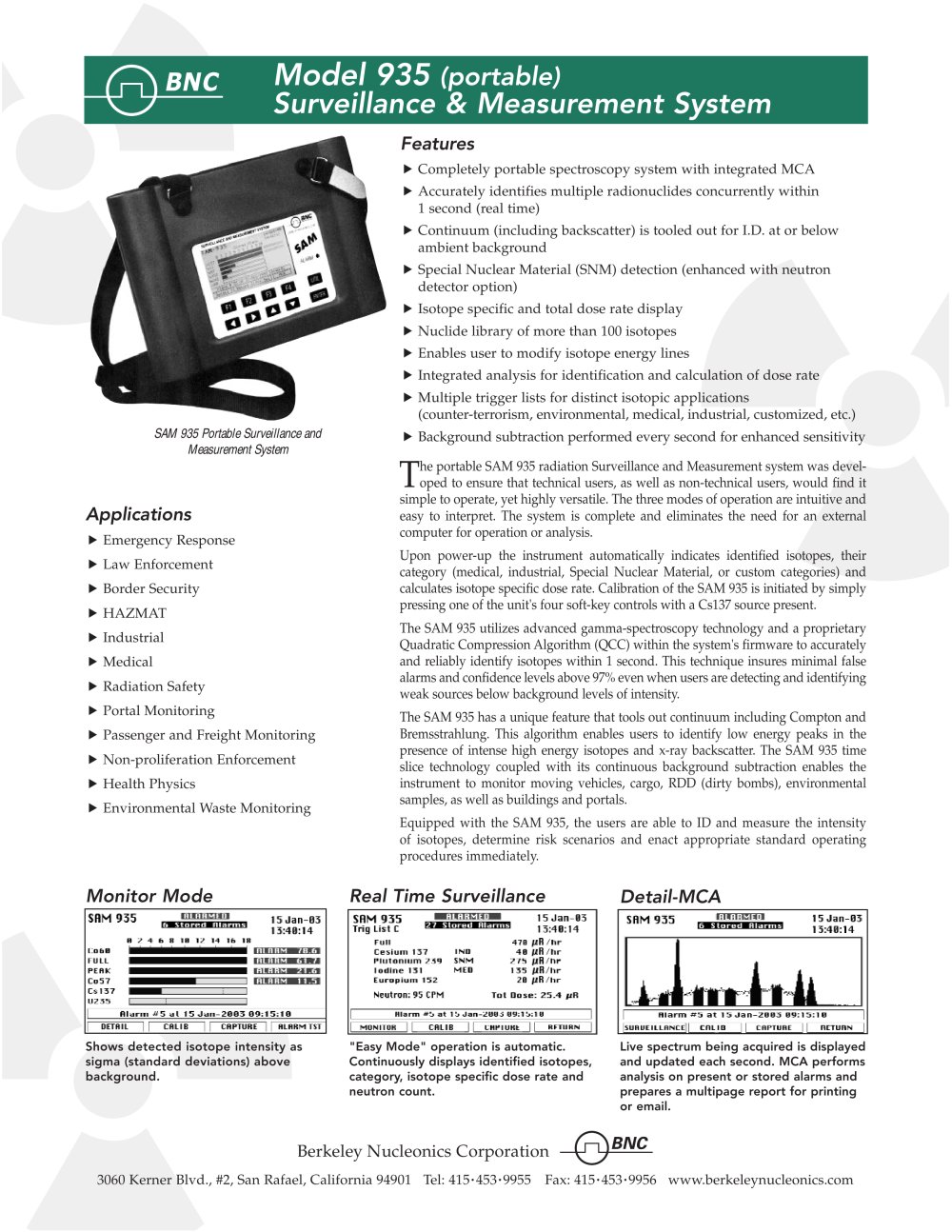 Model SAM 935 Portable Gamma Spectroscopy System - BNC