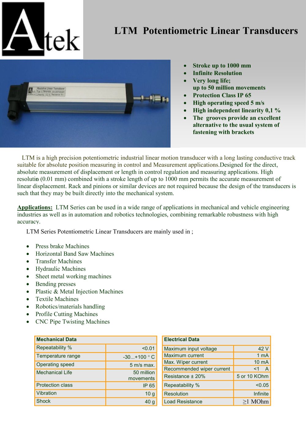 POTENTIOMETRIC LINEAR TRANSDUCERS - ATEK SENSOR TECHNOLOGIE