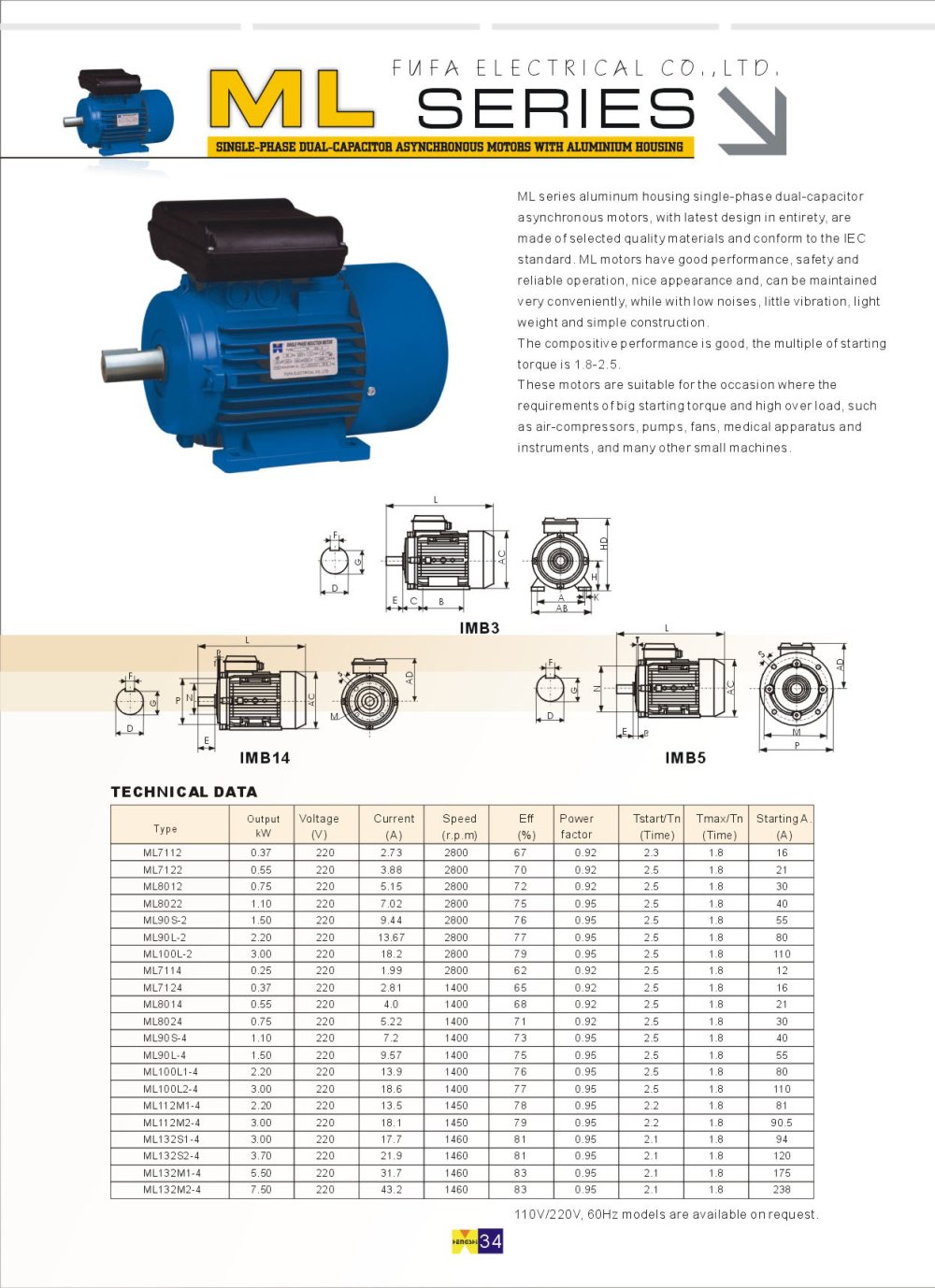 ML series single-phase dual-capacitor asynchronous motors with aluminium housing - 1 / 1 Pages
