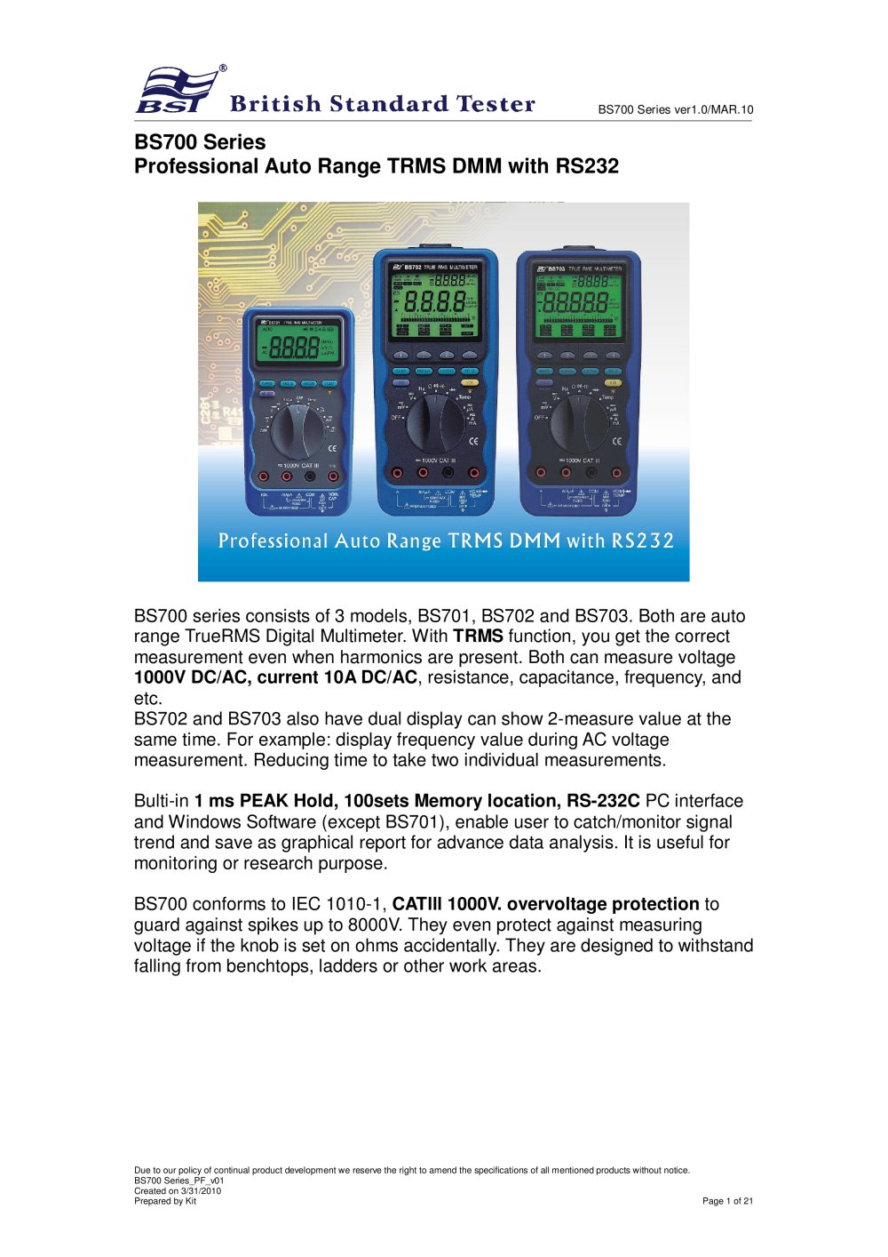 BS700 Series Professional Auto Range TRMS DMM with RS232 - Caltek Industrial