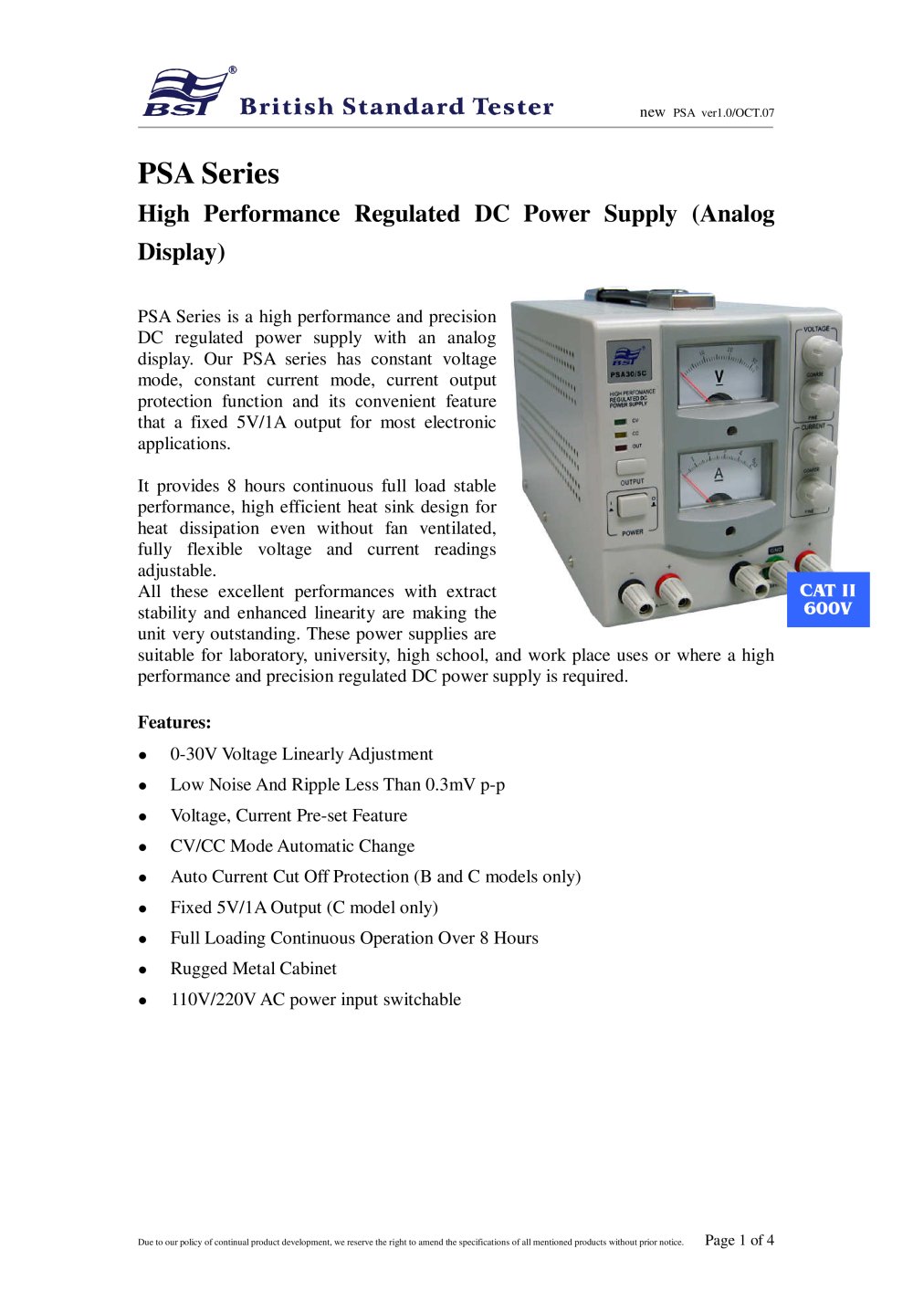 PSA Series High Performance Regulated DC Power Supply (Analog Display) - Caltek Industrial