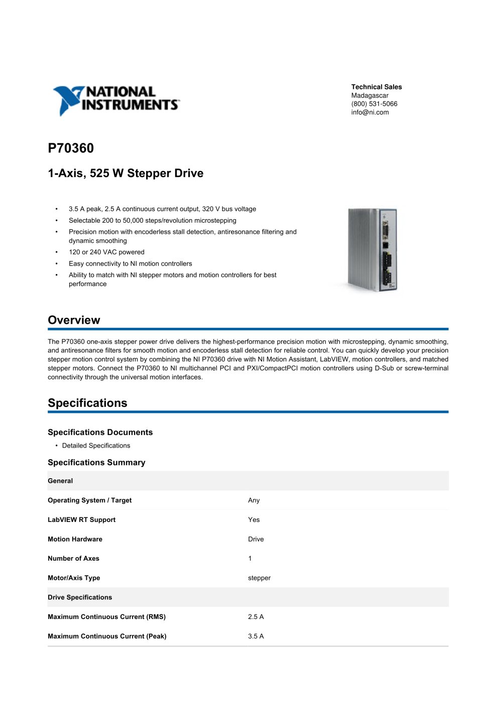 P70360 1-Axis, 525 W Stepper Drive - NATIONAL INSTRUMENTS