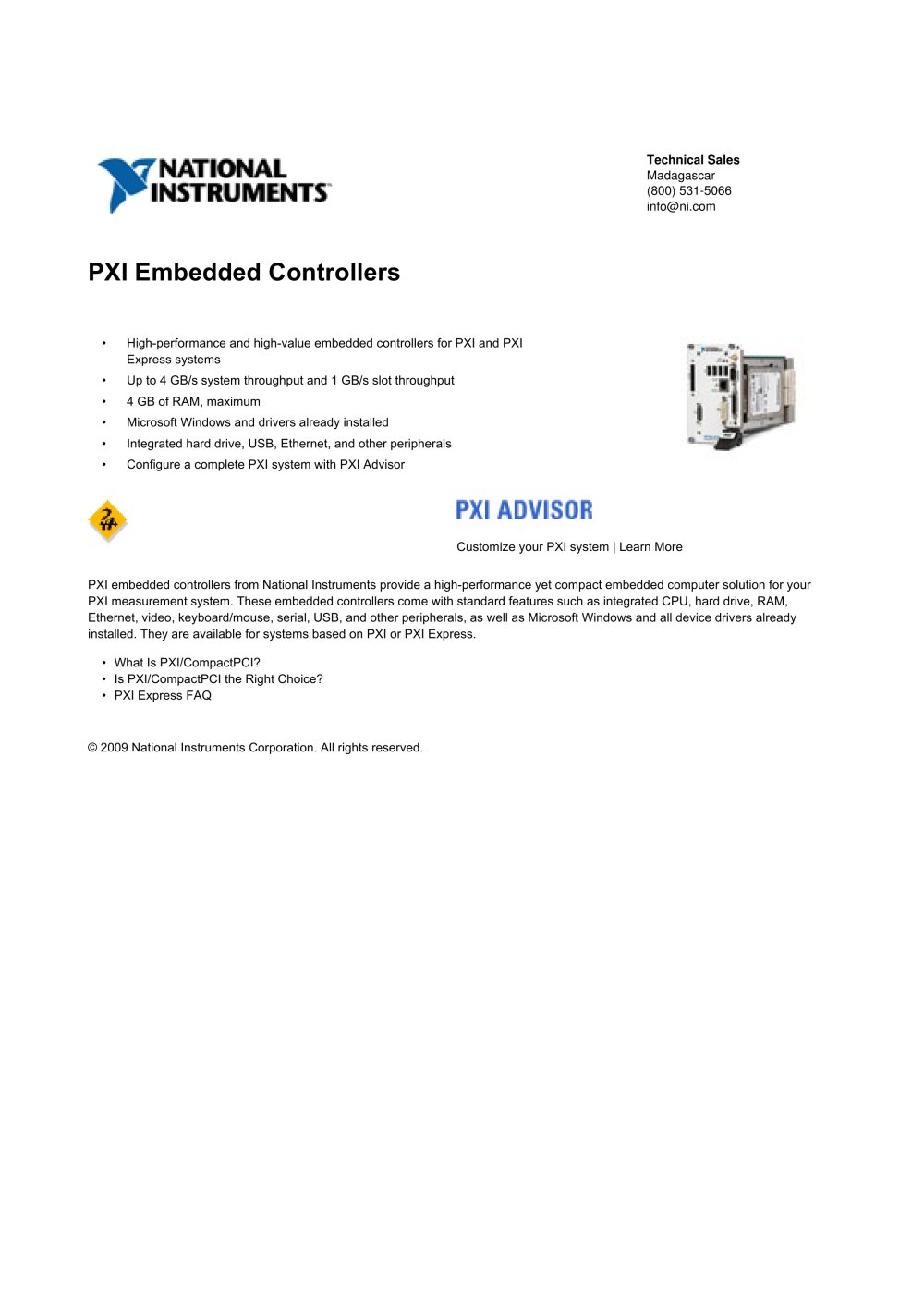 PXI Embedded Controllers - NATIONAL INSTRUMENTS