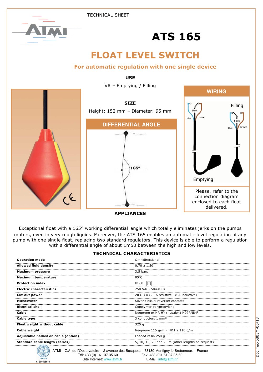 Data sheet - Float switches - ATS 165 - 1 / 1 Pages