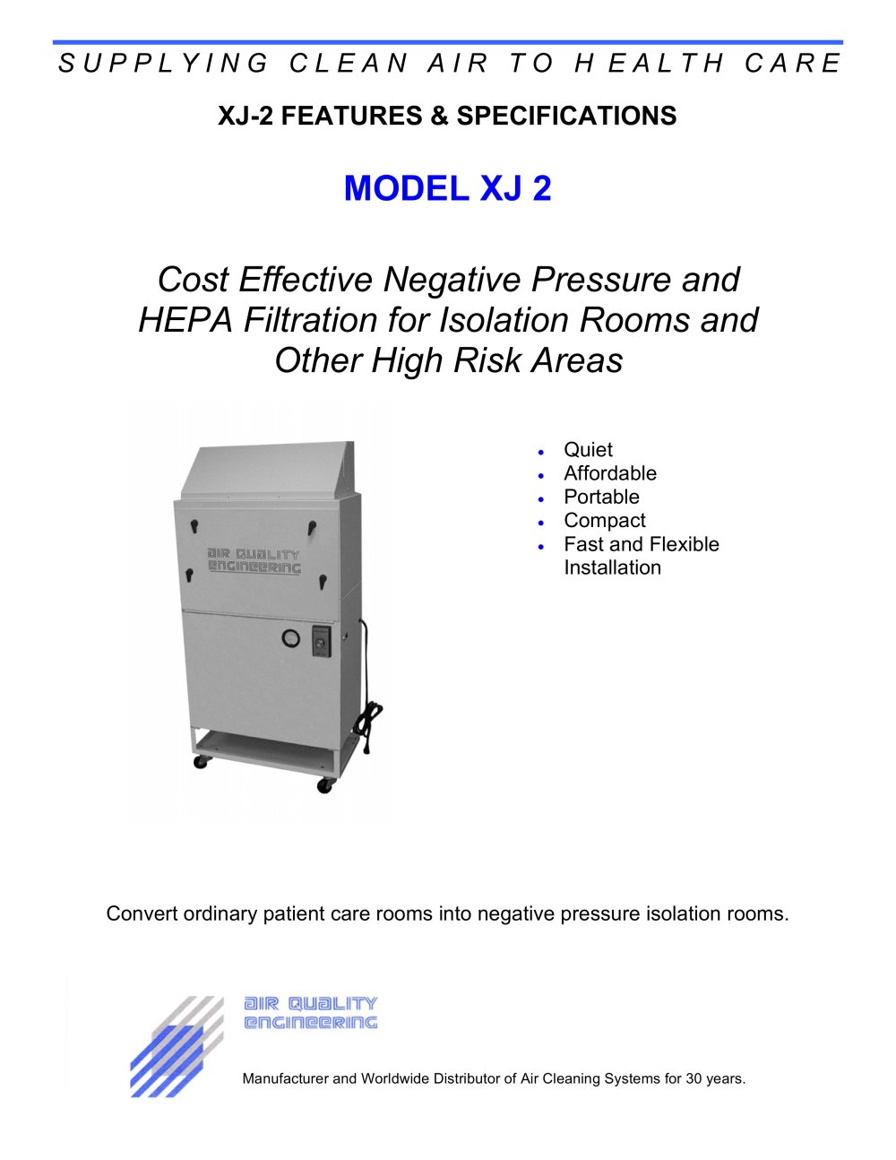 XJ - 2 HEPA Air Cleaner for Filtration in Hospital & Healthcare Settings - Air Quality Engineering