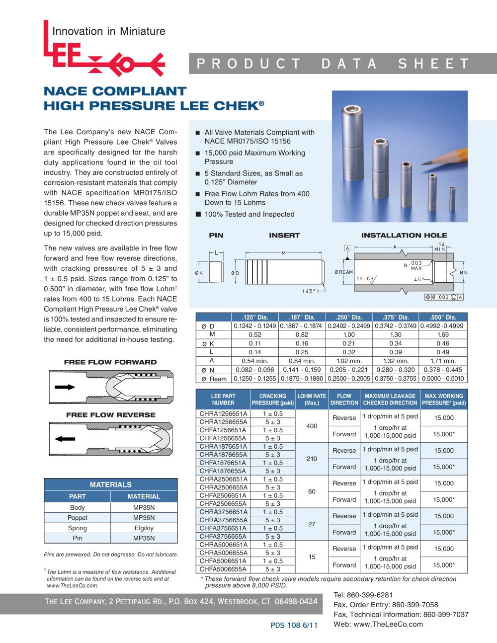 nace compliant high pressure lee chek product data sheet the lee product data sheet