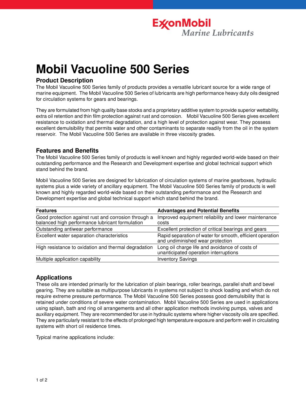 Mobil Vacuoline 500 Series - ExxonMobil Lubricants & Petrol Spec