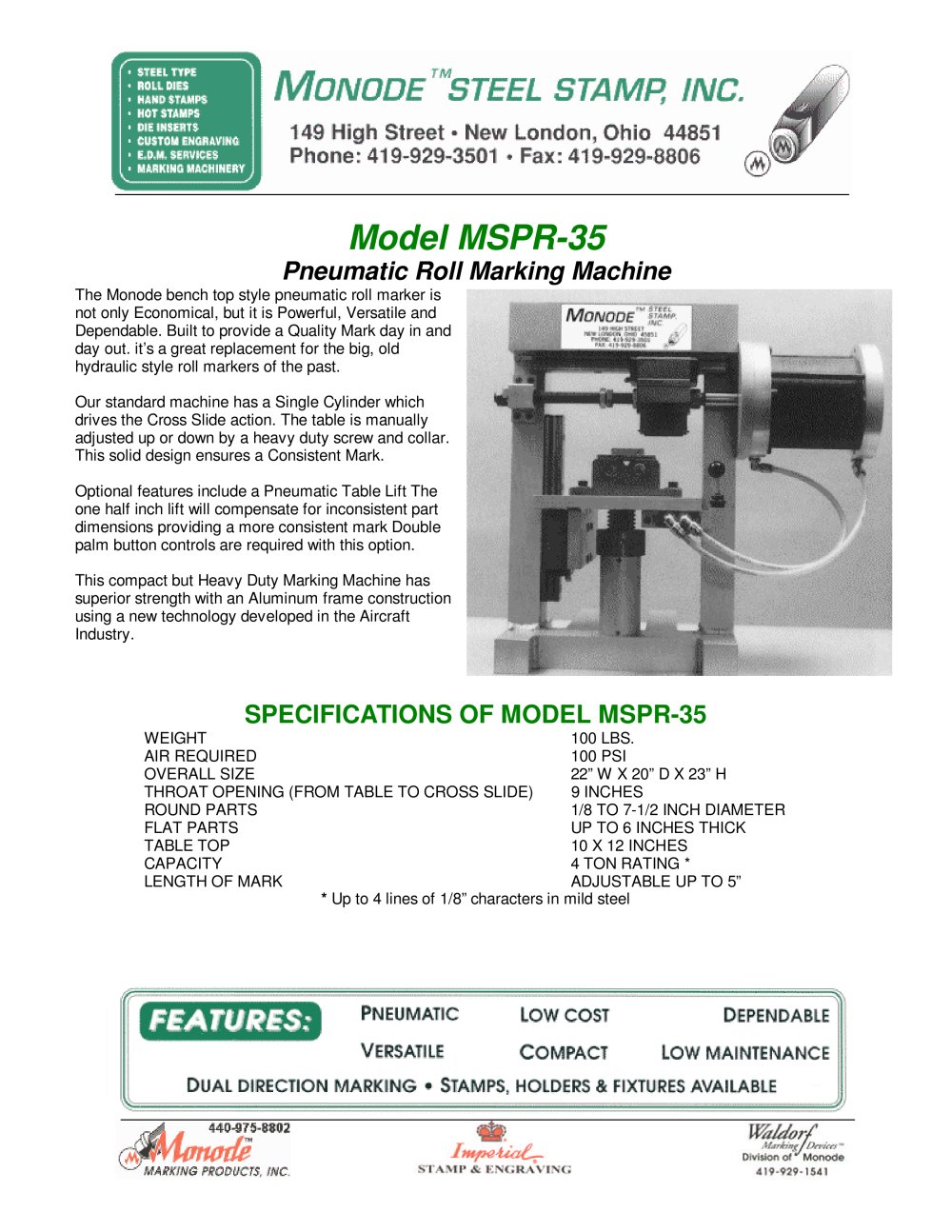 Monode Model MSPR-35  Pneumatic Roll Marking Machine - Monode Marking Products