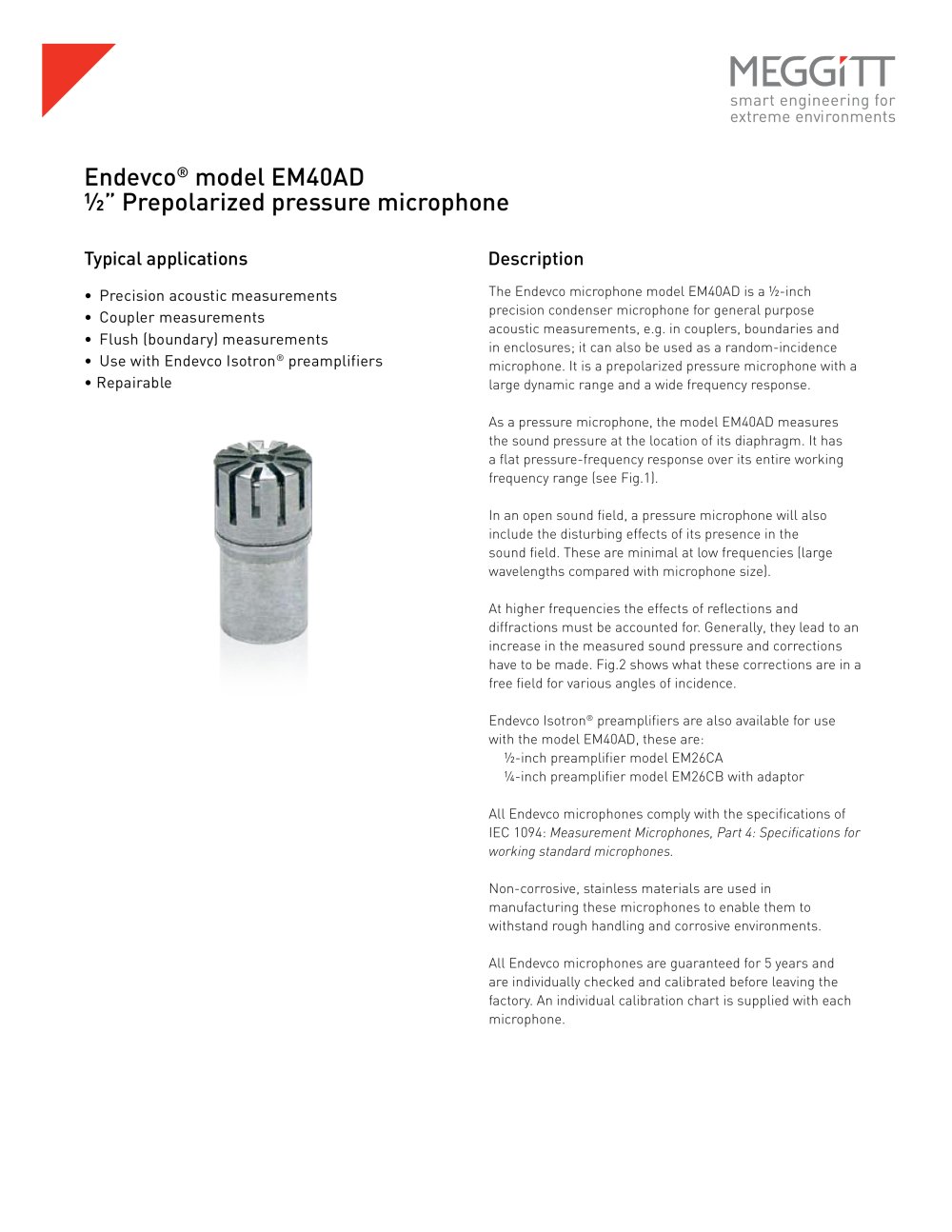 Endevco&reg; model EM40AD 1/2" prepolarized pressure microphone - Meggitt Sensing Systems - Measurement Group