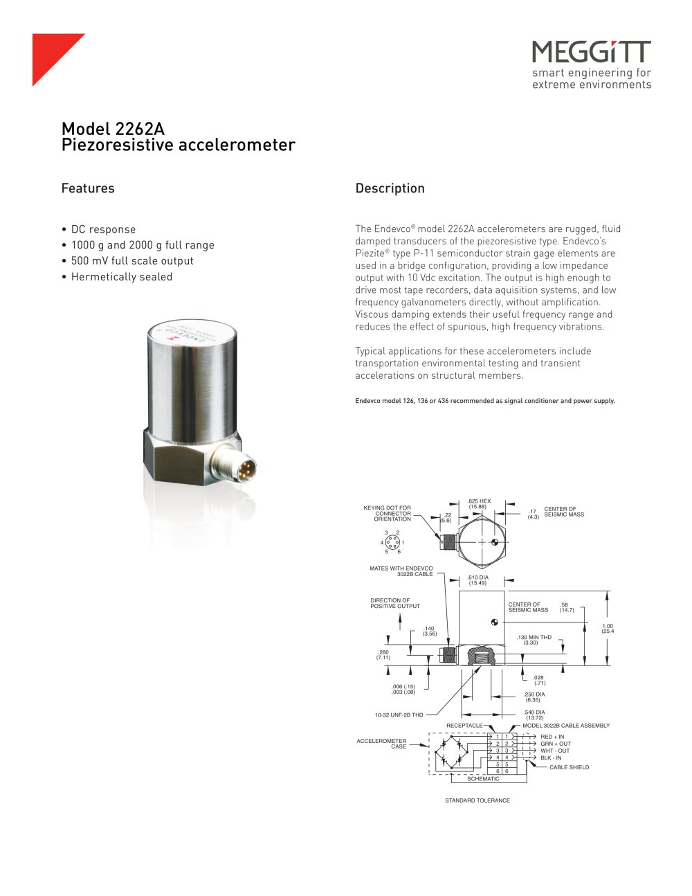 Meggitt Sensing Systems Endevco&reg; model 2262A piezoresistive accelerometers - Meggitt Sensing Systems - Measurement Group