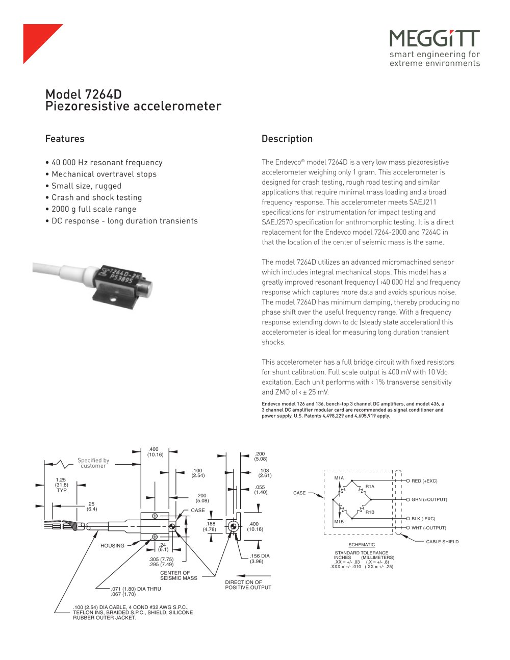 Meggitt Sensing Systems Endevco&reg; Model 7264D very low mass piezoresistive accelerometer - Meggitt Sensing Systems - Measurement Group