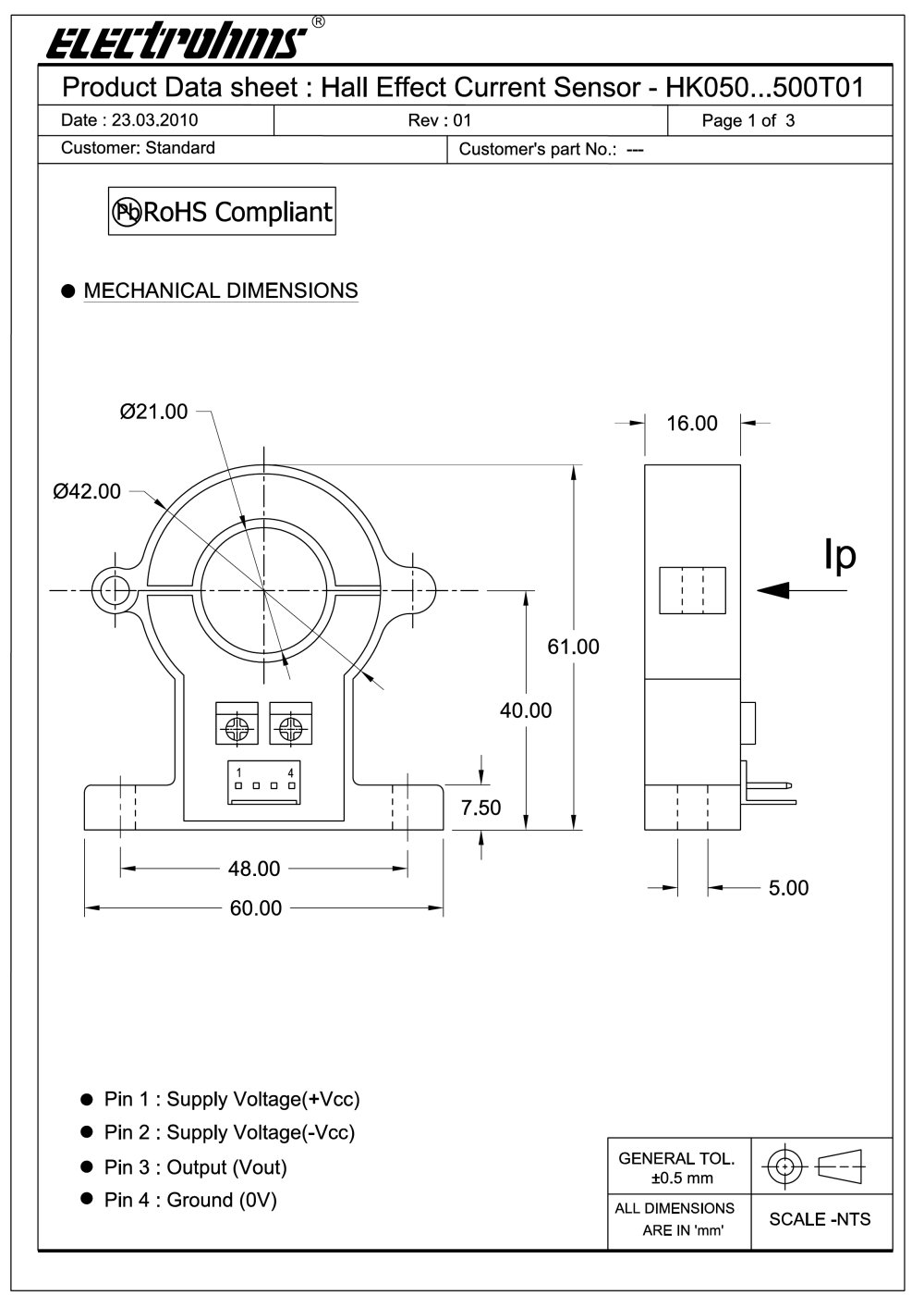 Open Loop current sensors - HK50A - HK500A - Electrohms