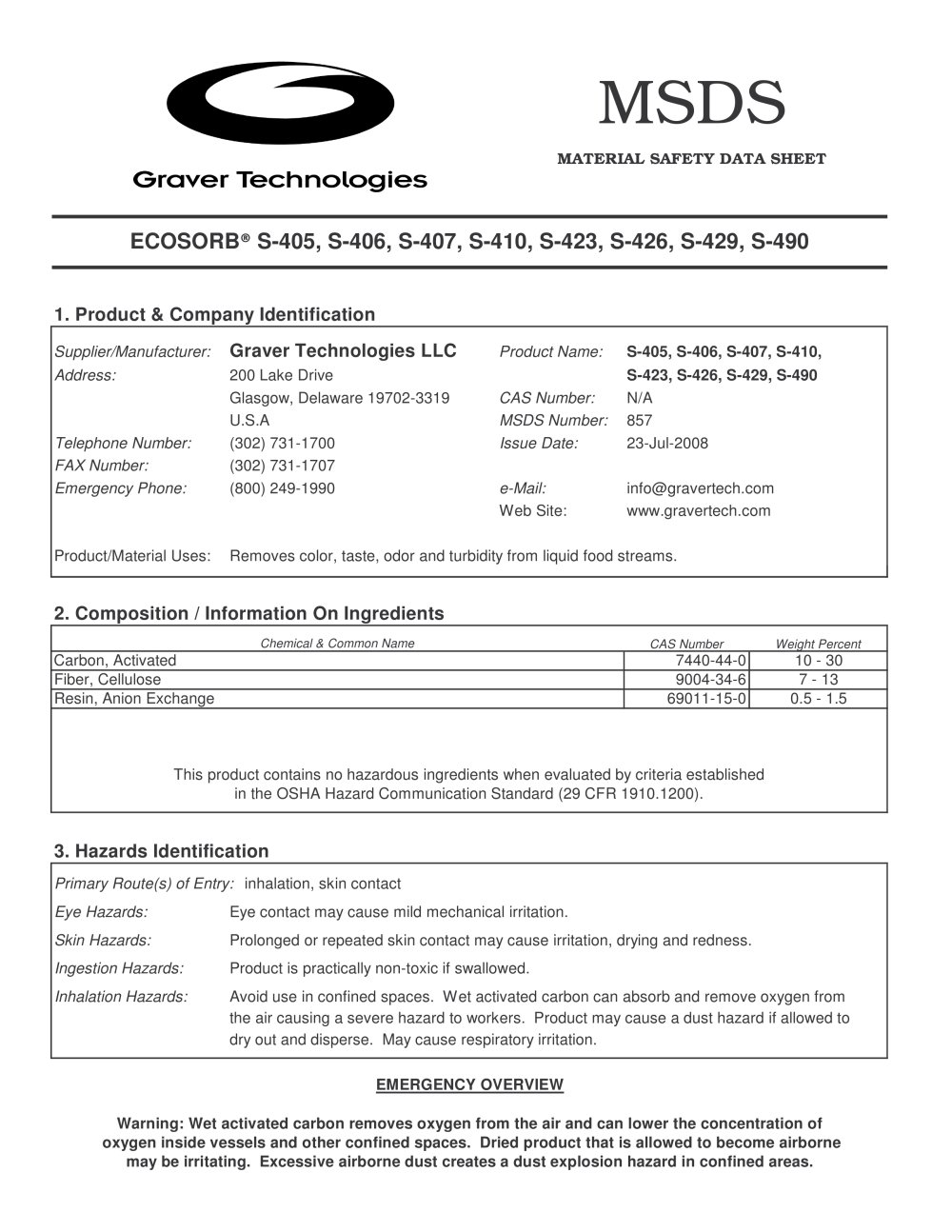 S 406 Msds Graver Technologies Pdf Catalogs Technical S 406 Msds 1 4 Pages